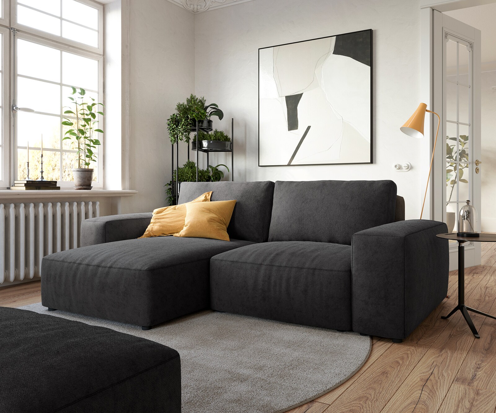 Ъглов диван  Lanzo L 230x155 см Микрофибър Черен, Лява/Дясна Лежанка, с табуретка