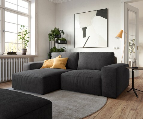 Ъглов диван  Lanzo L 230x155 см Микрофибър Черен, Лява/Дясна Лежанка, с табуретка