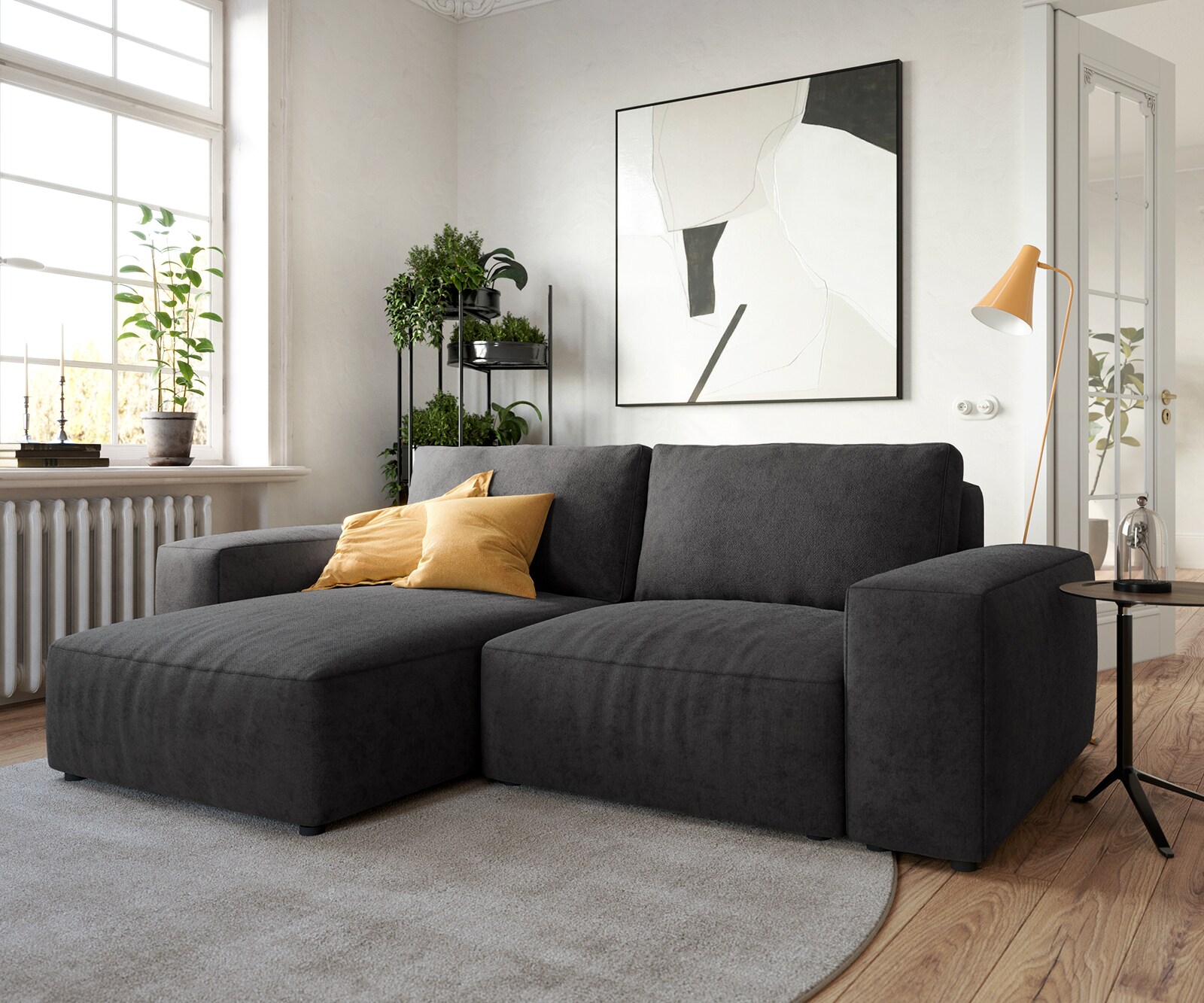 Ъглов диван Lanzo L 230x155 см, Дамаска Микрофибър, Черен, Лява/Дясна Лежанка