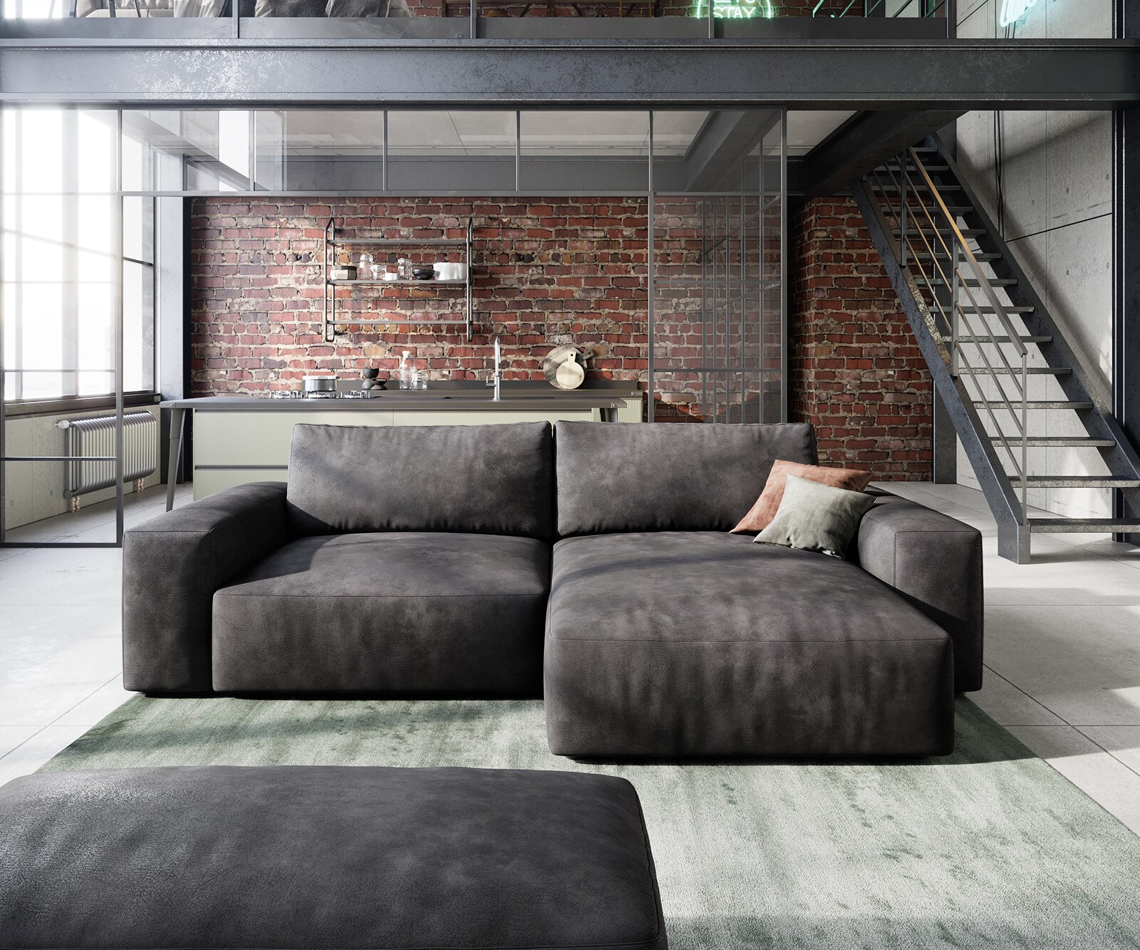 Ъглов диван L 260x160 cm Имитация на кожа Винтидж Антрацит Варианти лежанка с табуретка Lanzo 1