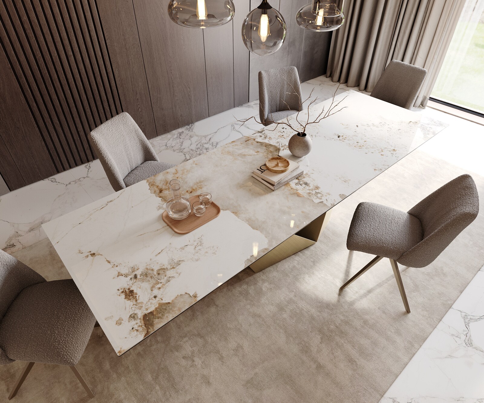 Трапезна маса Edge 300x100 керамика Minas Melange Бяло-бежово Prisma Metallic Gold 3