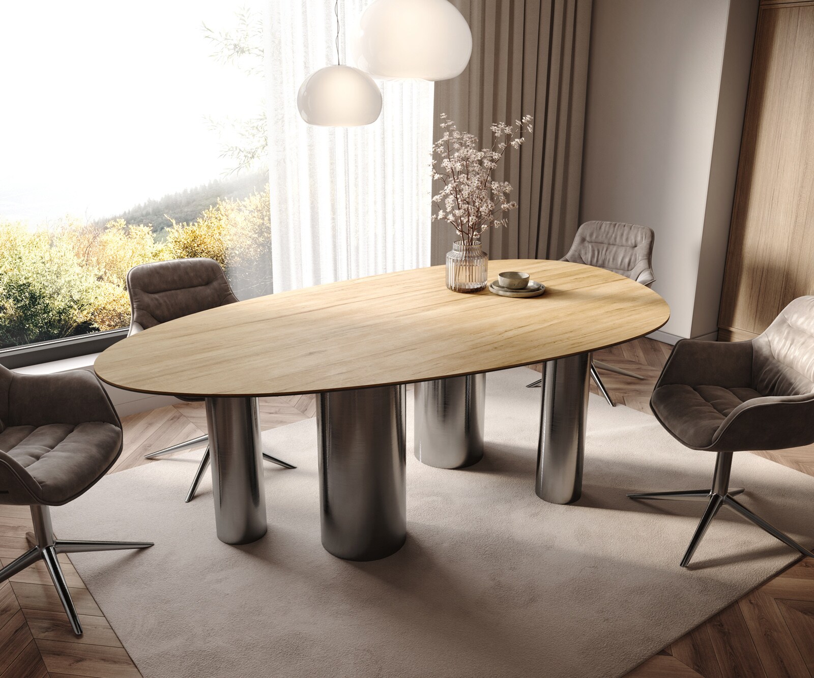 Трапезна маса Edge Oval 220x120 Керамичен ламинат® Sabbia Дъбов цвят Pilier Неръждаема стомана Графит