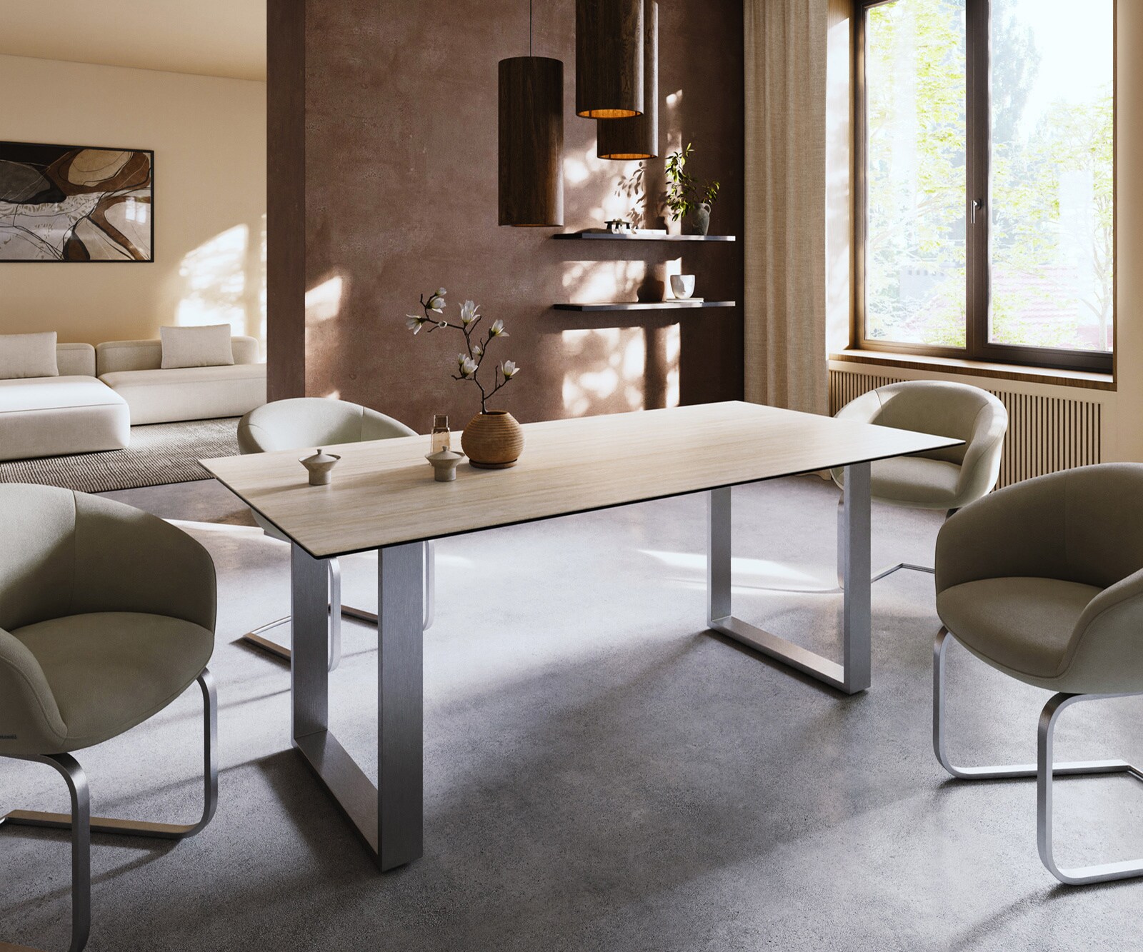 Трапезна маса Edge 200x100, керамика Laminam „®“, Travertino Bianco, кремаво-бяла, неръждаема стомана, тясна 1
