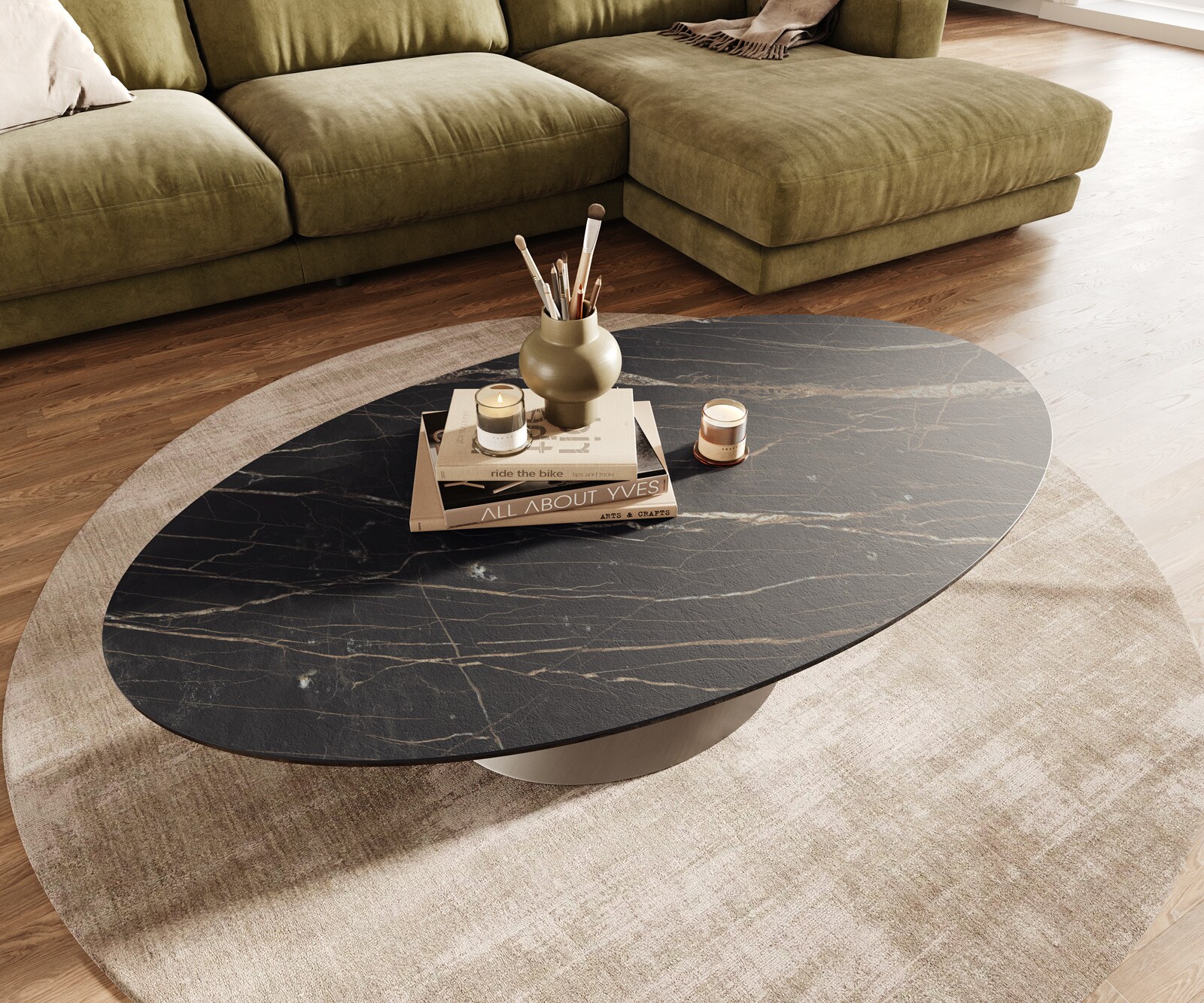 Масичка за хол Edge Oval 140x80 см, керамика Laminam, цвят „®“, „Noir Desir“, кафяво, Conis, неръждаема стомана с матирана повърхност 4