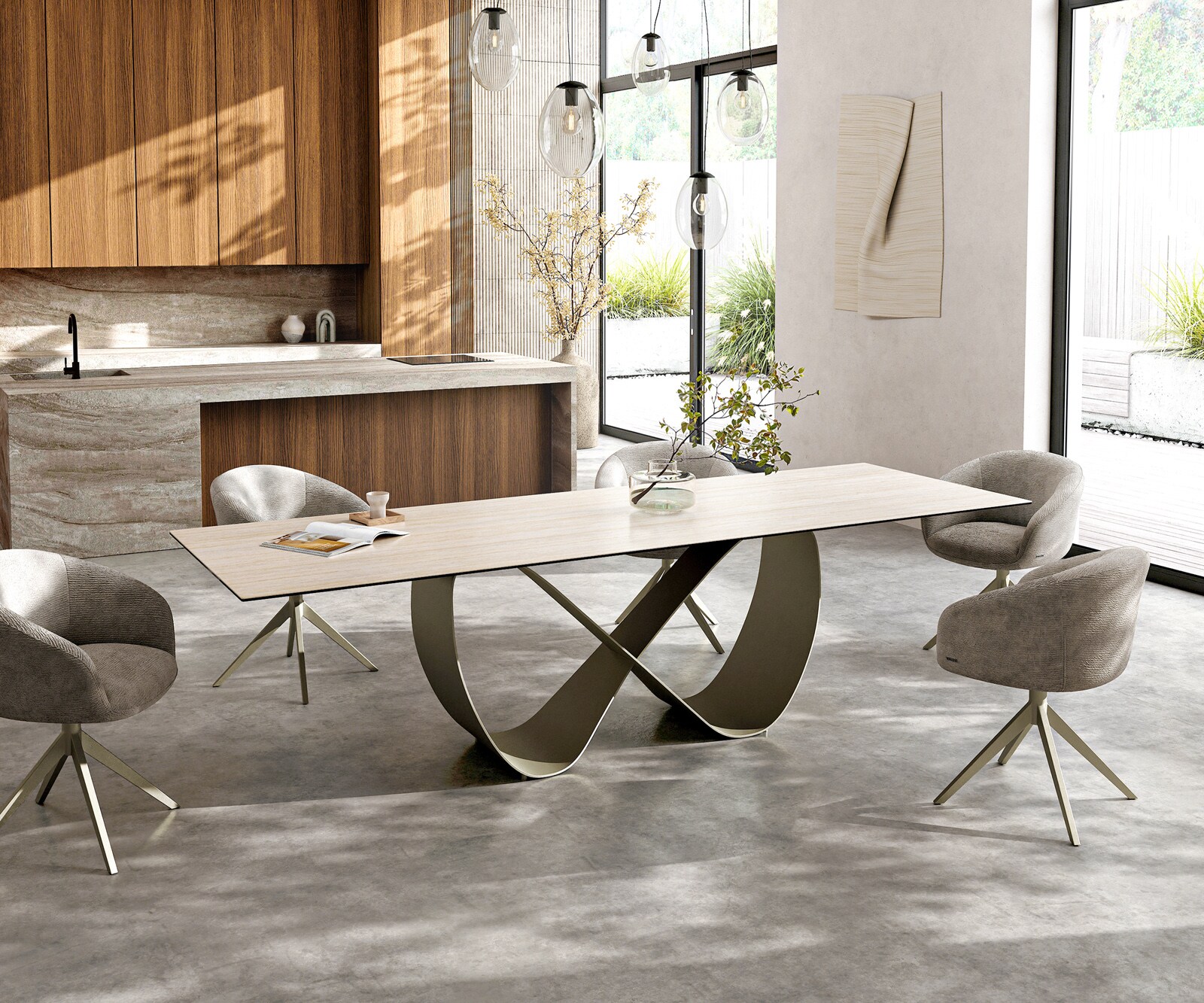 Трапезна маса Edge 300x100, керамика Laminam „®“, Travertino Bianco, кремаво-бяла, Infinity, метално покритие с ефект „Титан“ 7