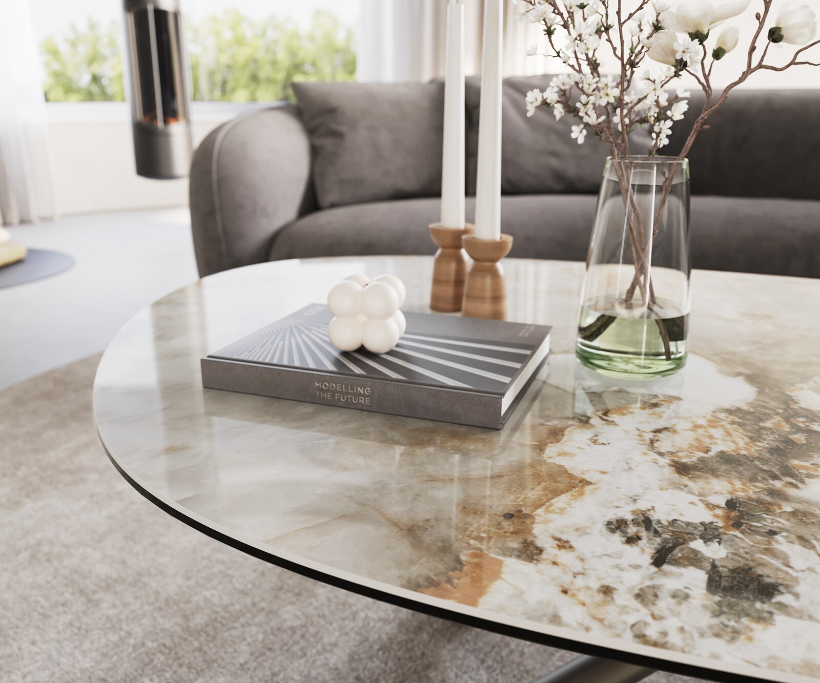 Масичка за кафе Edge Oval 140x75 cm керамика Minas Melange Sarity метален ефект покритие титан 6