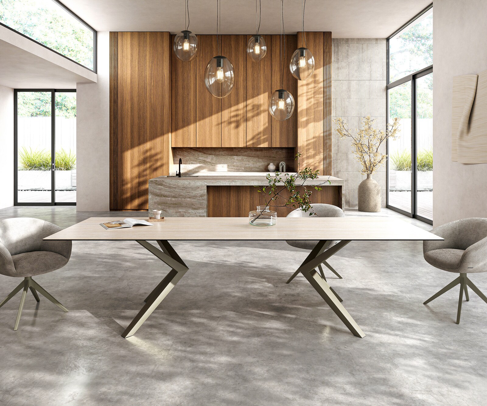 Трапезна маса Edge 300x100, керамика Laminam „®“, Travertino Bianco, кремаво-бяла, Zenthara, с остри ръбове, метално покритие с ефект „Титан“ 2
