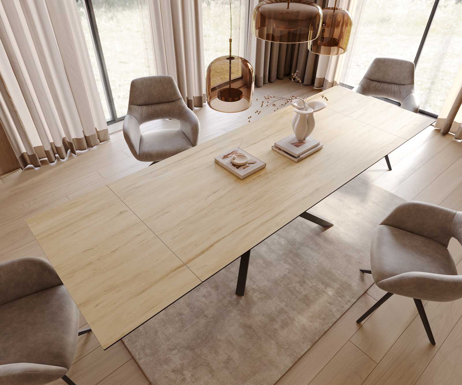 Разтегателна трапезна маса Edge 200-300х100 см Керамика Laminam® Sabbia цвят Дъб Кръсртовидна основа Черен 4