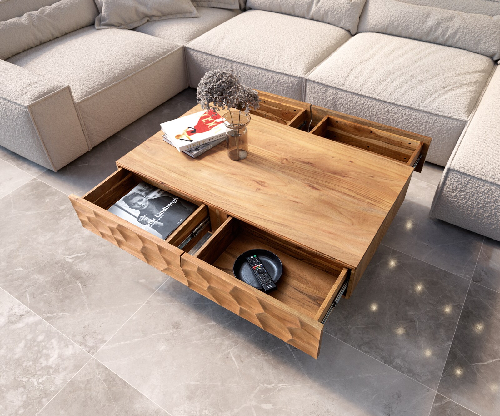 Холна маса 120x70 cm Акация Натурал 4 Чекмеджета плаващ крак Метал Черен 3D-Front Solu 4