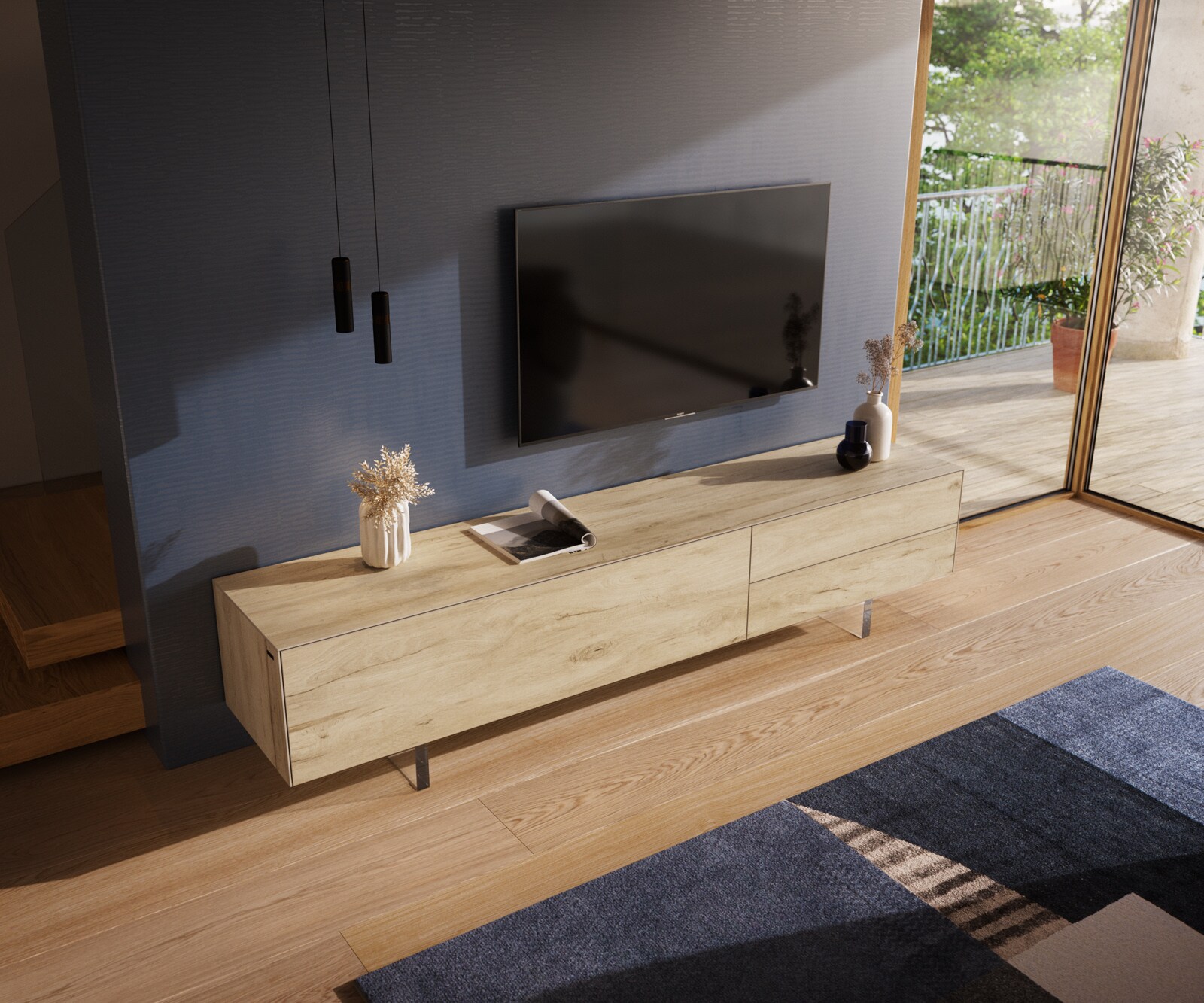 Ниска дъска Cuor 220 см Керамичен ламинат® Sabbia Дъбов цвят 1 клапа 2 чекмеджета Основа Плаващ вид акрилно стъкло 4