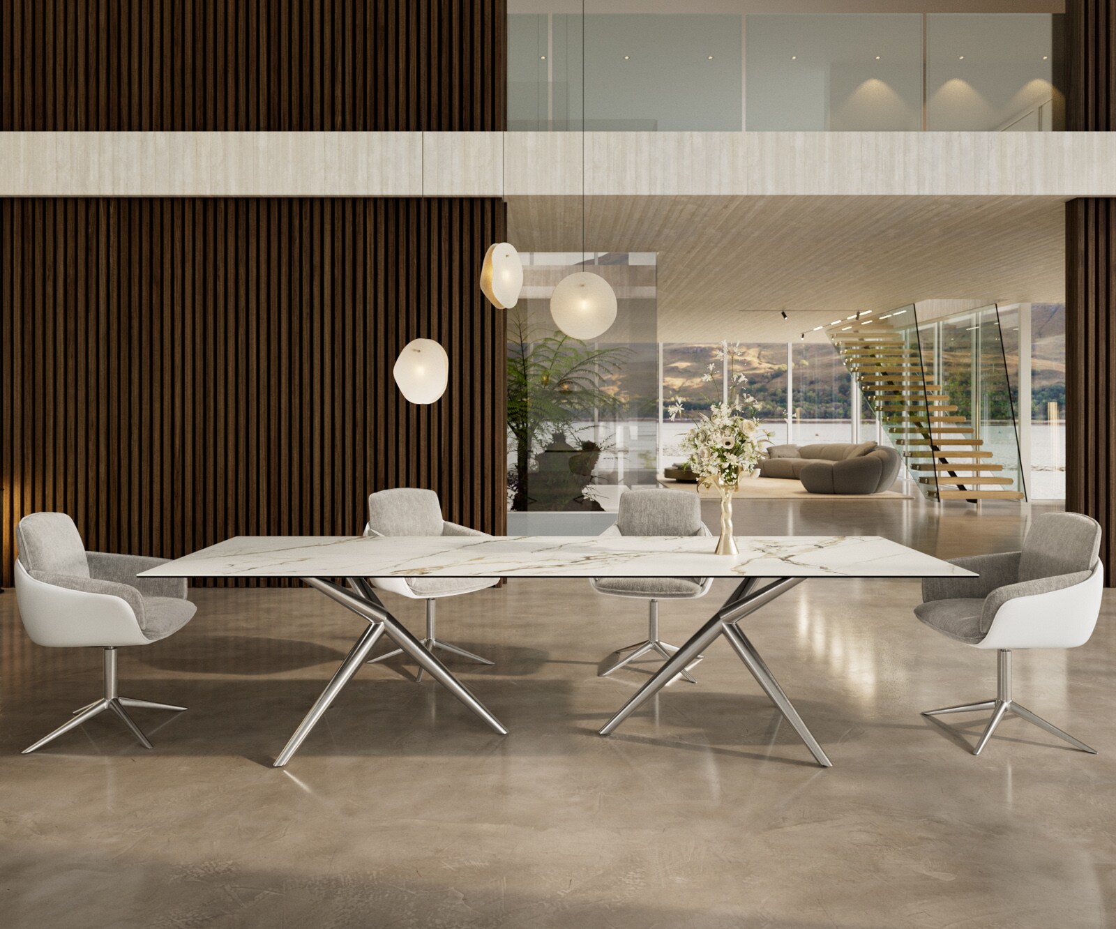 Трапезна маса Edge 300x100, керамика Calacatta Luxe, бяло-златно-сиво, Estelar, кръгла, от неръждаема стомана