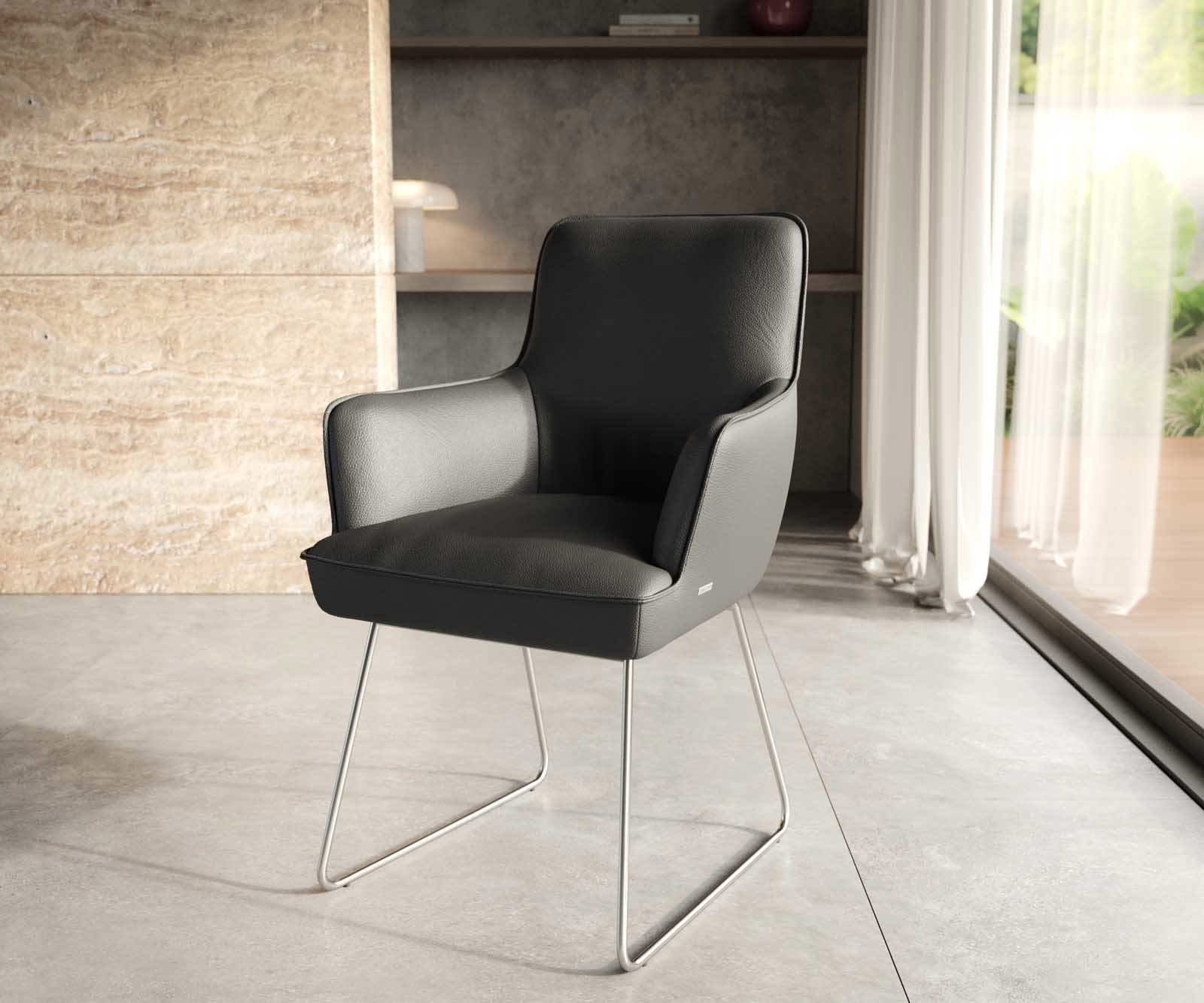 Стол Естествена кожа Черна Извити крака Неръждаема стомана Покет пружина Heira-Flex Стол Естествена кожа Черна Извити крака Неръждаема стомана Покет пружина Heira-Flex