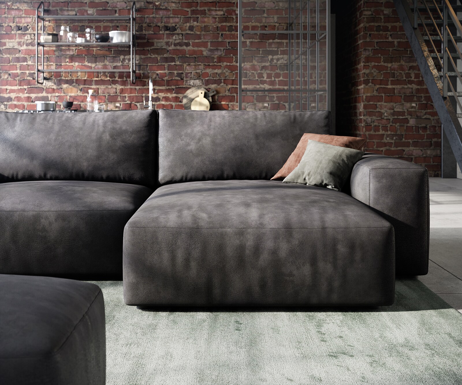 Ъглов диван L 260x160 cm Имитация на кожа Винтидж Антрацит Варианти лежанка с табуретка Lanzo 5