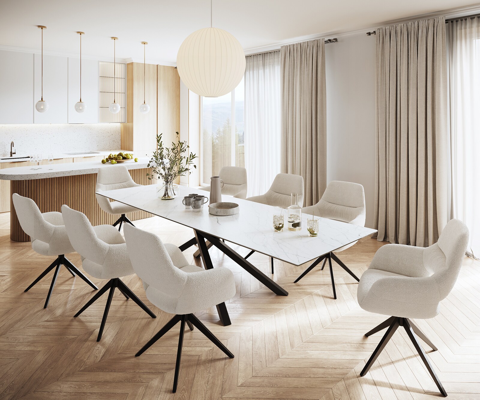 Маса 300x100cmKeramik Laminam®Statuarietto Бял среден крак Кръст Черен Edge 5