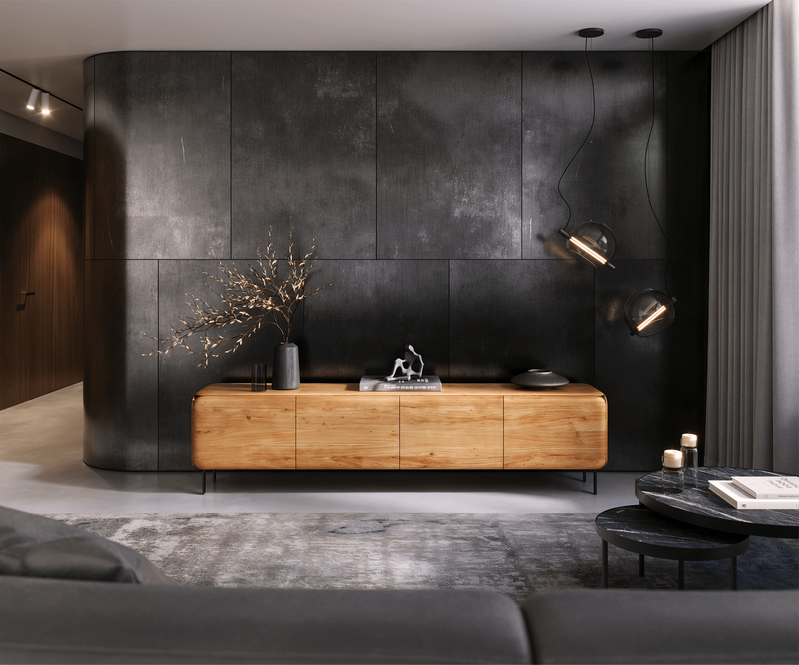 Нисък шкаф Shavani 220 см естествена акация 4 вратички L-ножка метална черна 1