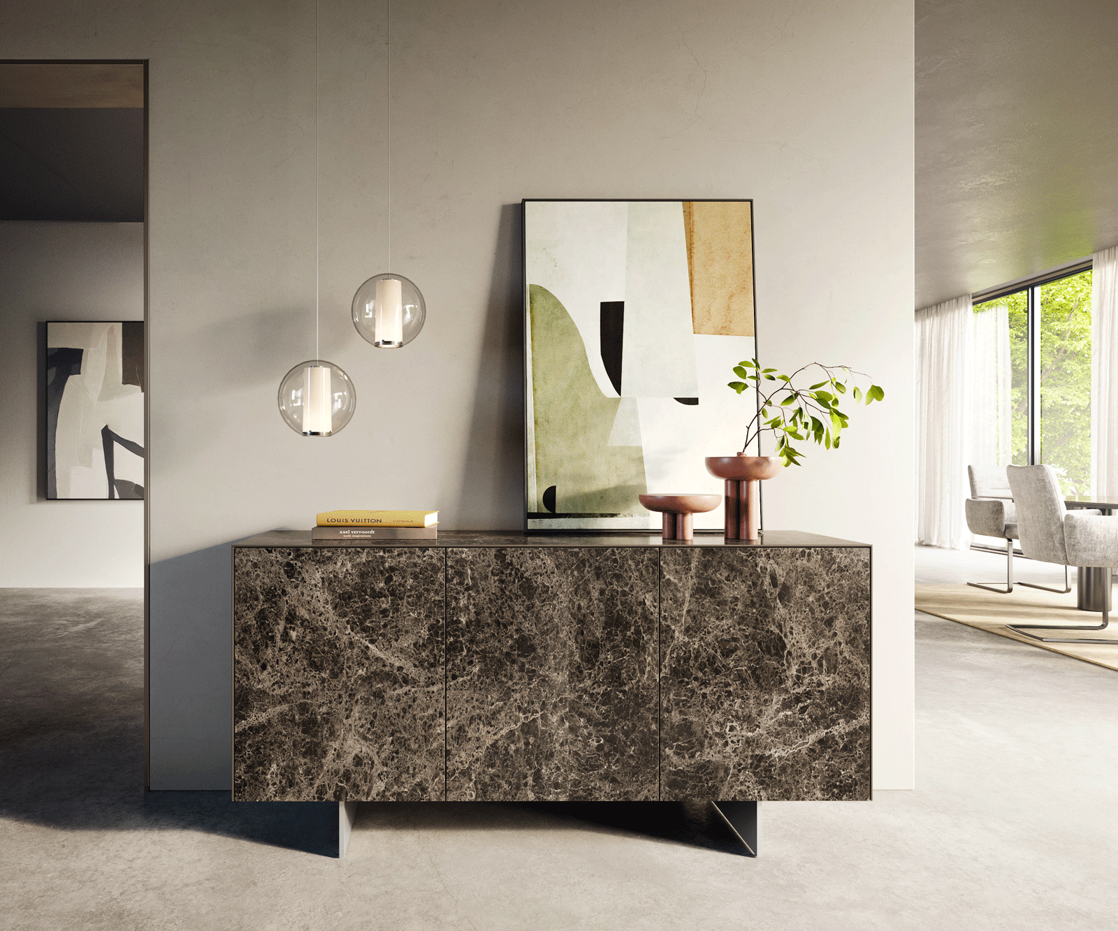 Бюфет Cuor 150 cm Керамичен ламинат® Emperador Extra Lucidato Тъмно кафяво 3 врати Основа Плаваща неръждаема стомана 1