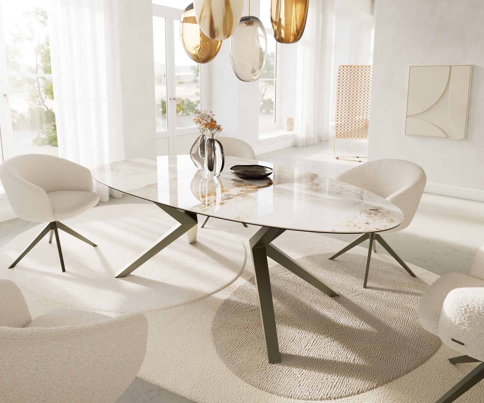 Трапезна маса Edge Oval 220x120, керамика Minas Melange, бяло-бежово, Zenthara, с остри ръбове, метално покритие с ефект „титан“