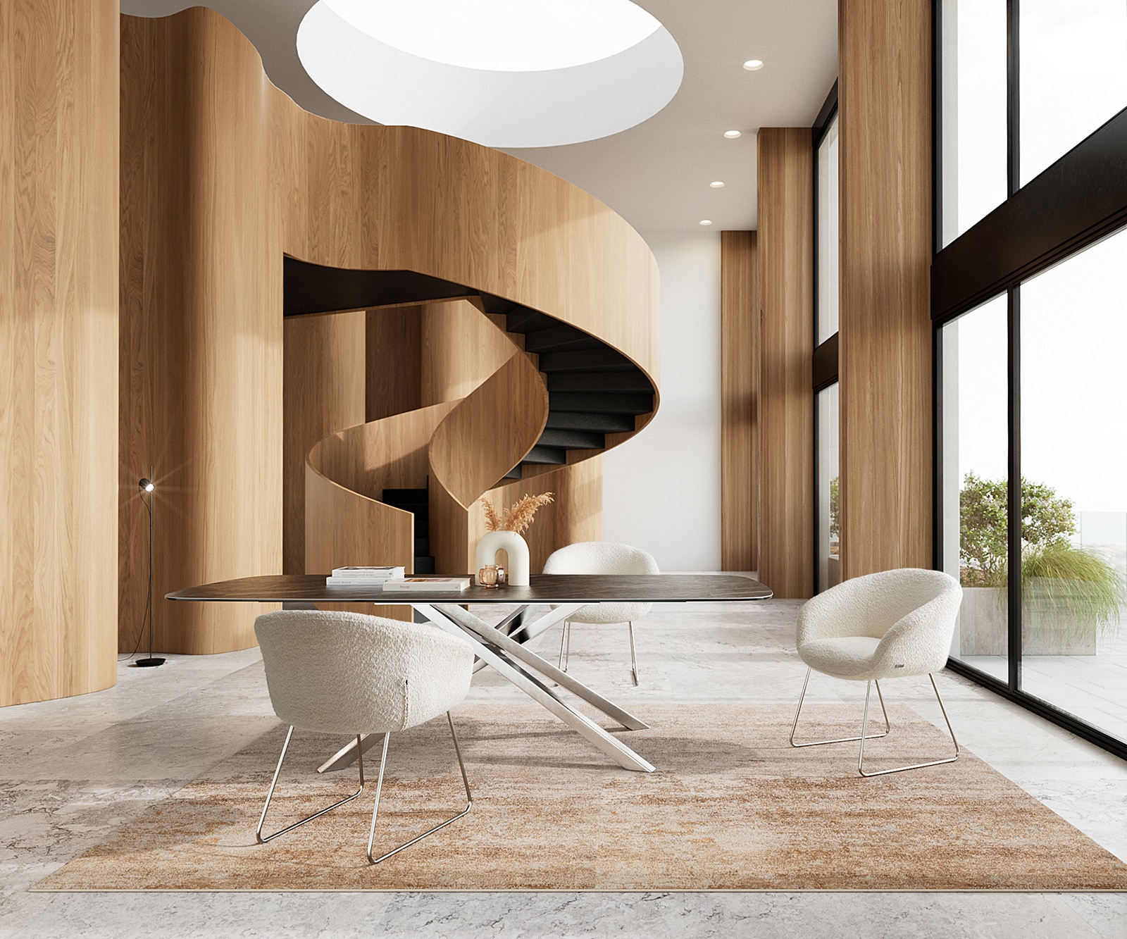 Трапезен стол с подлакътници Букле Бял Извити крака Неръждаема стомана Покет пружина Vinka-Flex 3 Трапезен стол с подлакътници Букле Бял Извити крака Неръждаема стомана Покет пружина Vinka-Flex 3