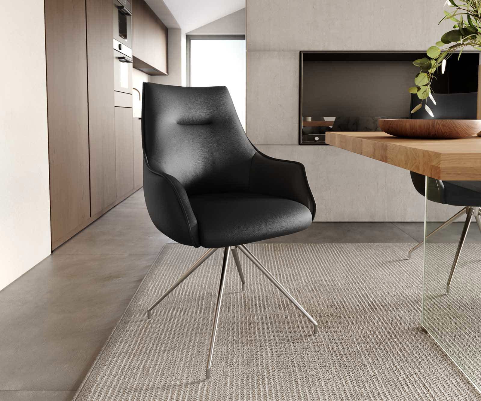 Врътящ се стол с подлакътници Естествена кожа Черен Конус крак кръгъл Неръждаема стомана 180° въртящ се Покет пружина Alja-Flex Врътящ се стол с подлакътници Естествена кожа Черен Конус крак кръгъл Неръждаема стомана 180° въртящ се Покет пружина Alja-Flex