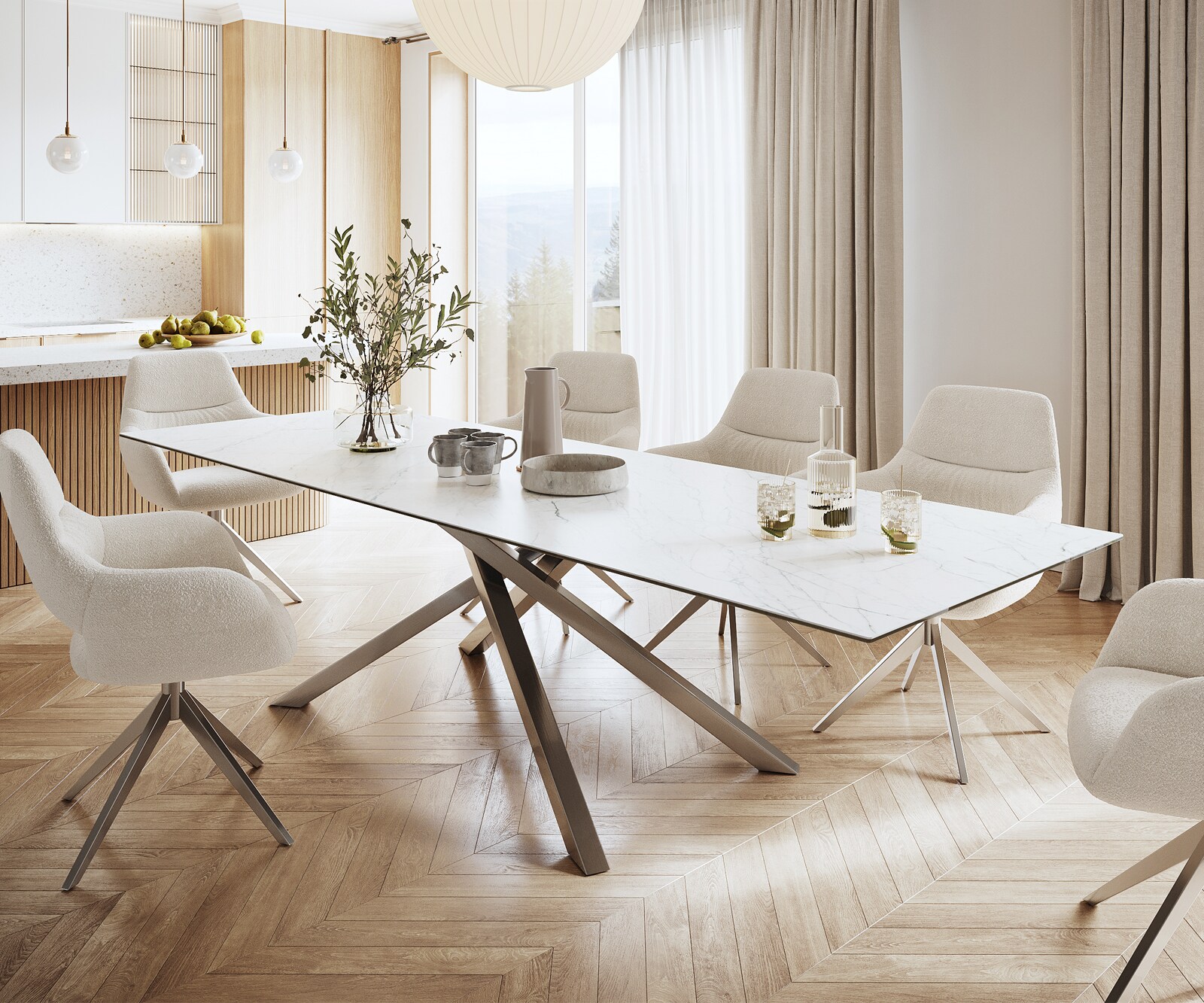 Маса 300x100cm Keramik Laminam®Statuarietto Бял КръстРамка Правоъгълник Неръждаема стомана Edge