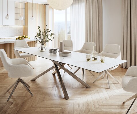 Трапезна маса Edge 300x100 см, керамика Laminam „®“, Statuarietto, бяла, с кръстообразна рамка, правоъгълна, от неръждаема стомана