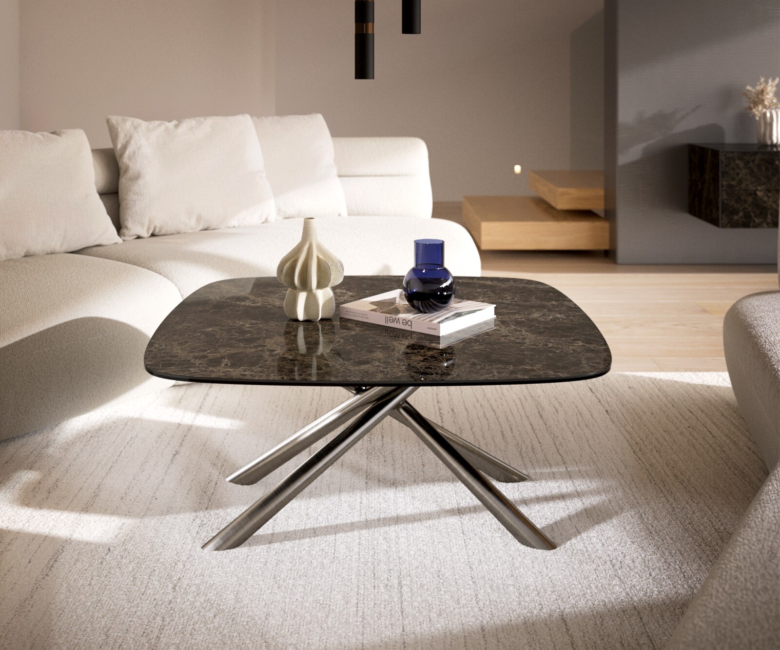 Масичка за кафе Edge Boot 90x90 cm керамика Laminam® Emperador Extra Lucidato Тъмно кафяво Sarity Матирана неръждаема стомана 2