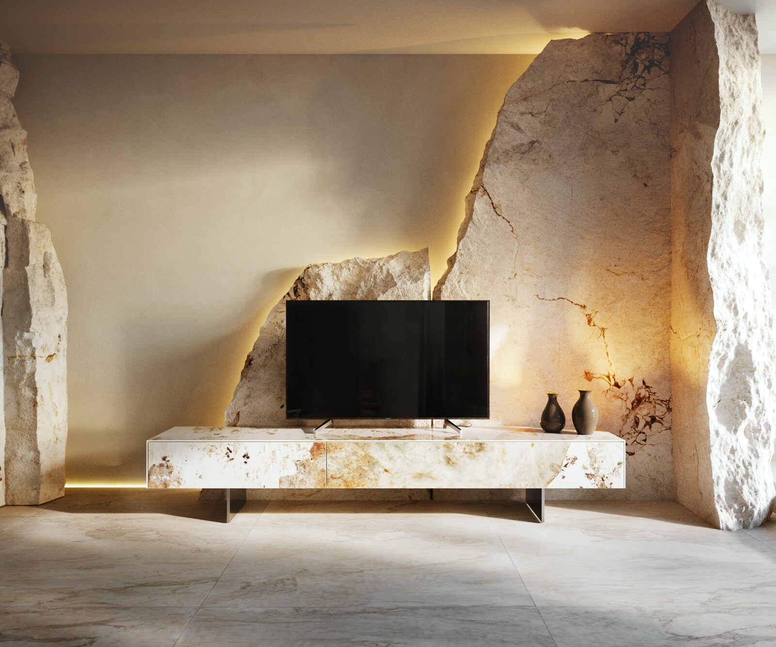 Нисък плот Cuor 200 см Керамика Minas Melange Бяло-бежово 1 клапа 1 чекмедже Основа Плаващ вид Неръждаема стомана