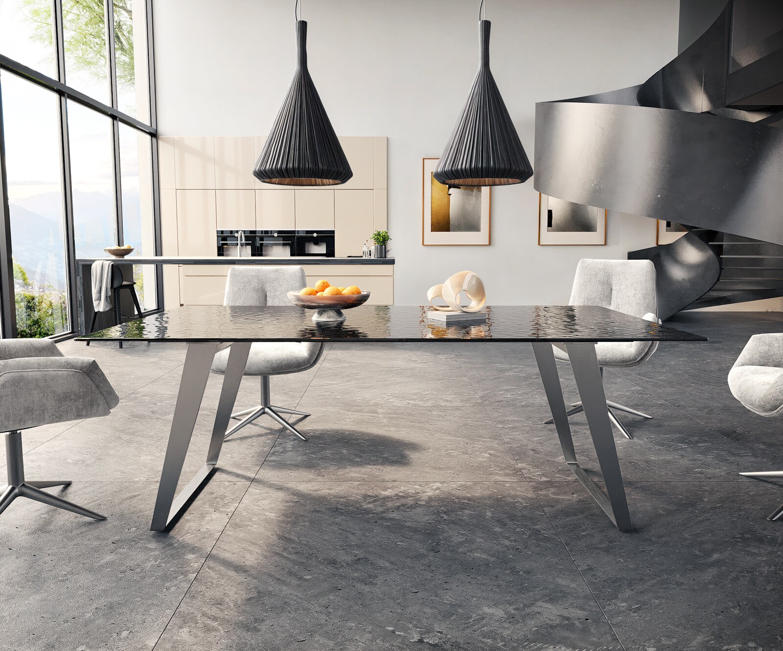 Трапезна маса Edge 200x100 Relief стъкло опушено черно 3D дизайн неръждаема стомана под ъгъл 1 Трапезна маса Edge 200x100 Relief стъкло опушено черно 3D дизайн неръждаема стомана под ъгъл 1