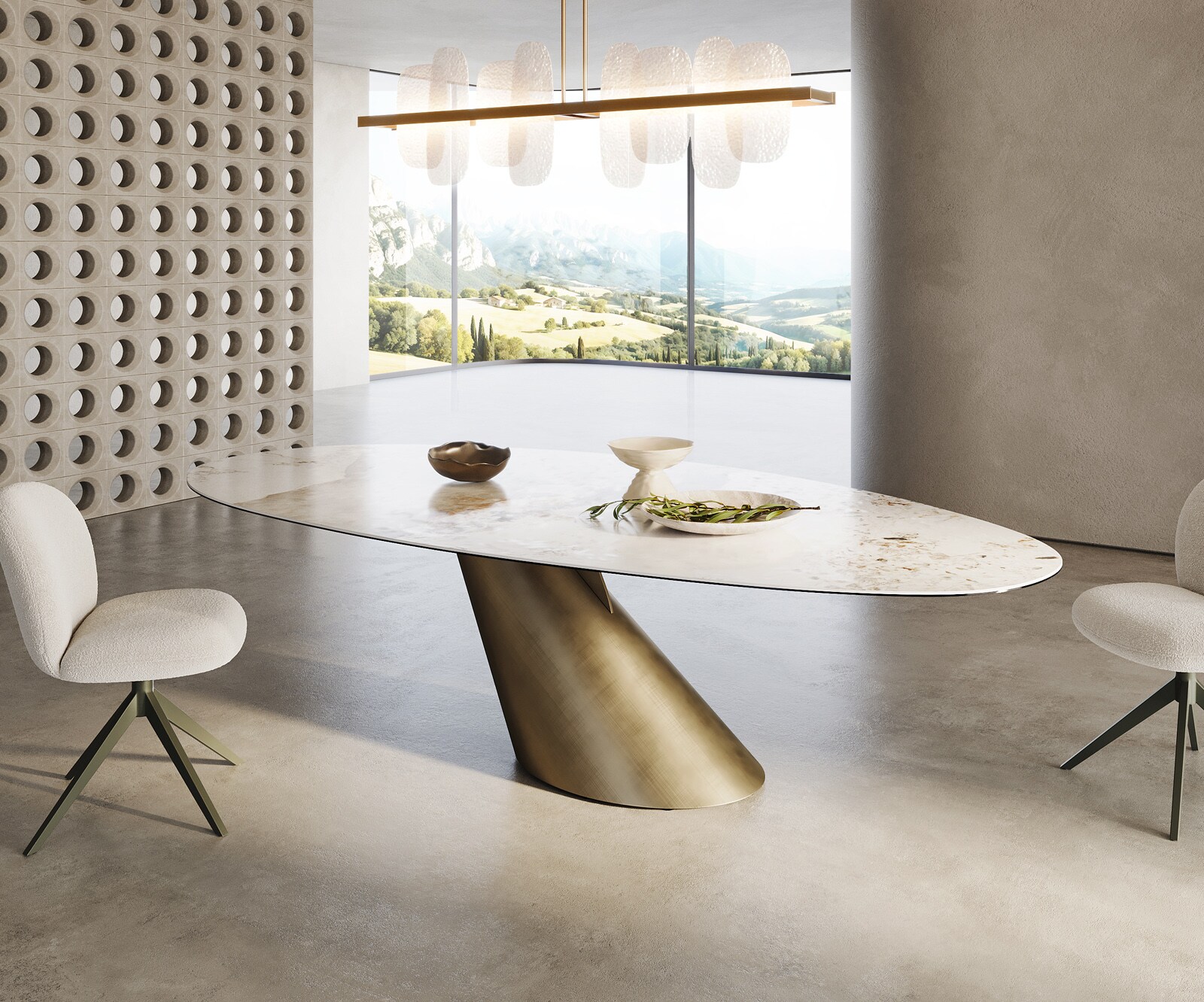 Edge Овална маса за хранене 280x130 керамика Minas Melange Бяло-бежово Cono Metallic Gold 3
