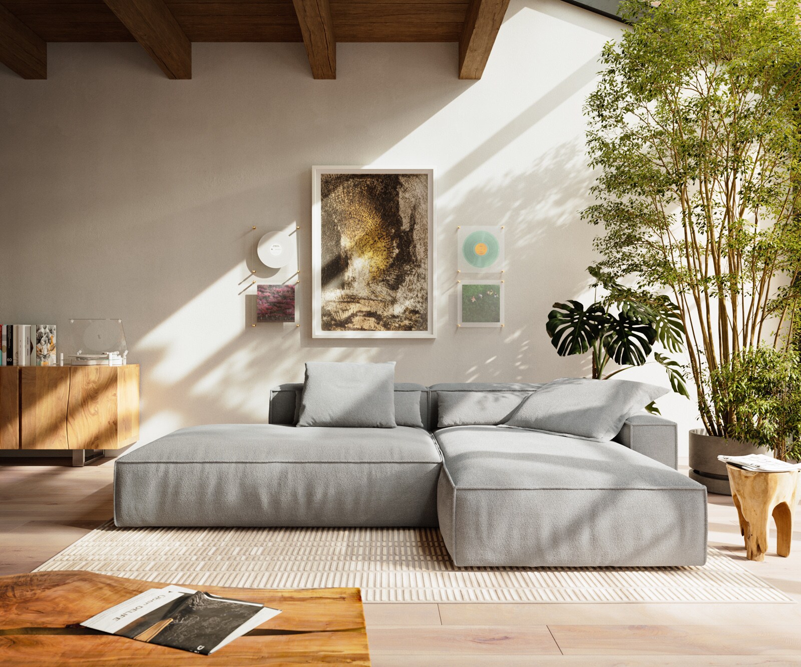 Ъглов диван Freestyle 310x200 cm текстурирана тъкан, меко сиво, тръбен шев 1