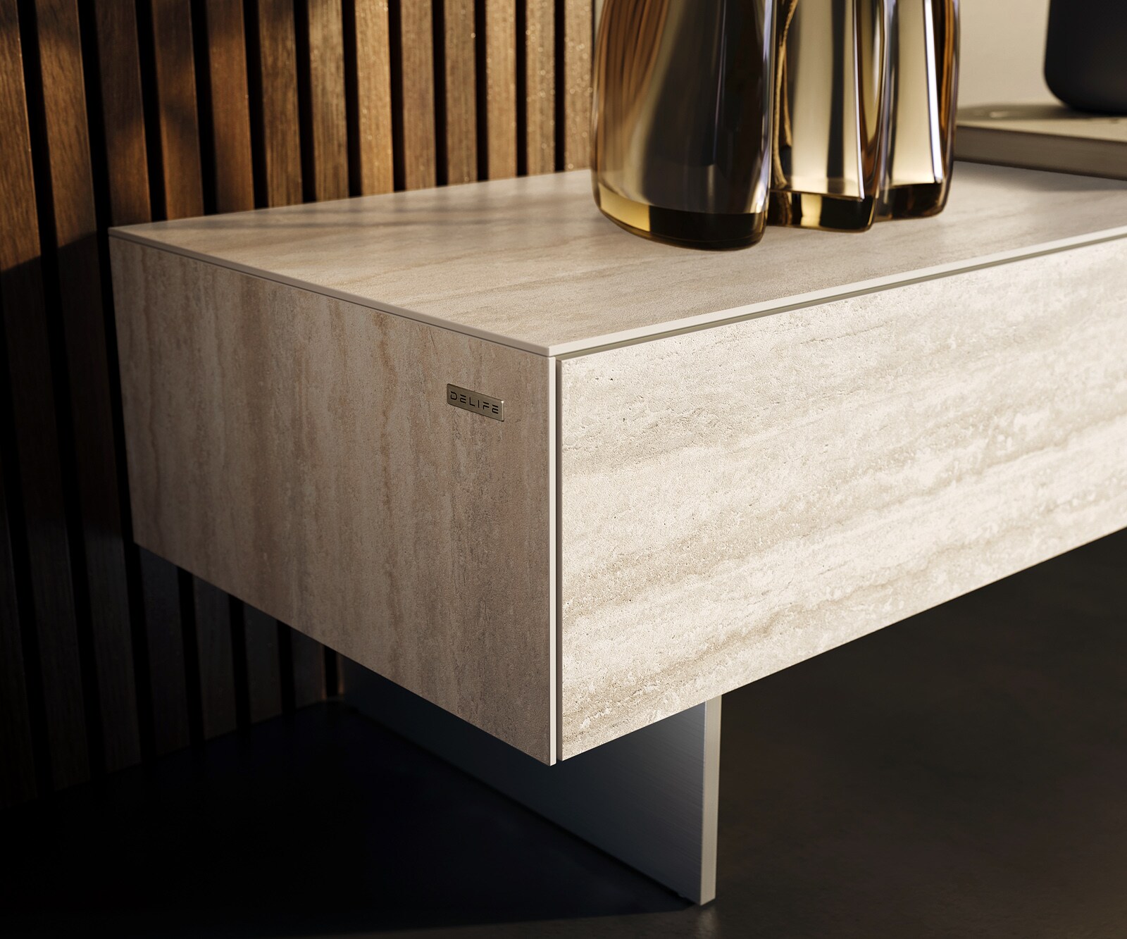 ТВ шкаф Cuor 200 см Керамика Laminam® Travertino Bianco Крем-бяло 1 врата 1 чекмедже Основа Неръждаема стомана 5