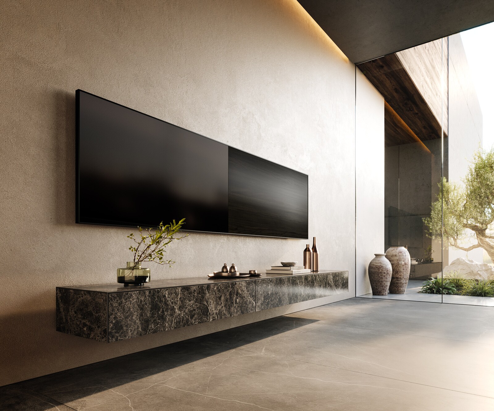 Стенен ТВ шкаф Cuor 250 см Керамика Laminam® Emperador Extra Lucidato Тъмно-кафяво 1 врата 1 чекмедже  1