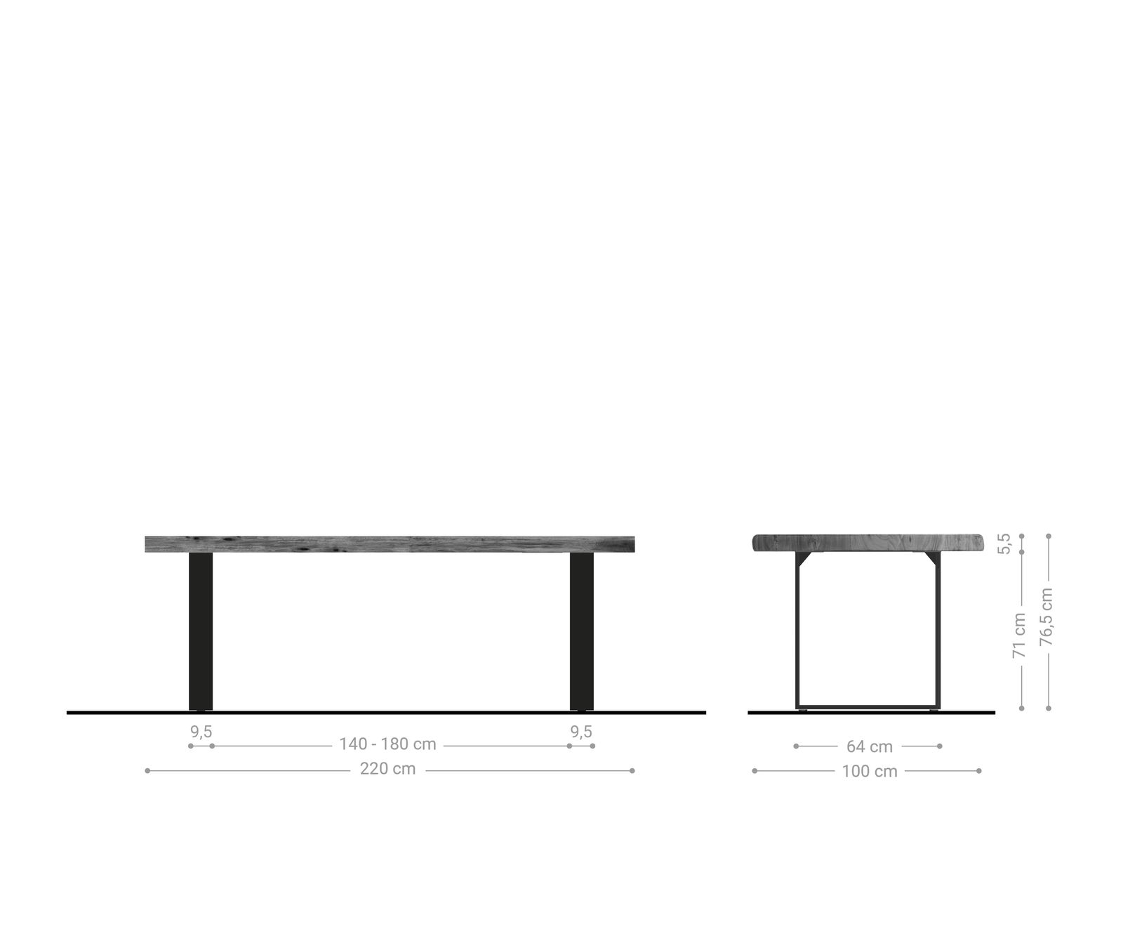 Трапезна маса Edge 220x100 см XL, акация, платинен неръждаем стоман, тясна, с естествена кромка 5