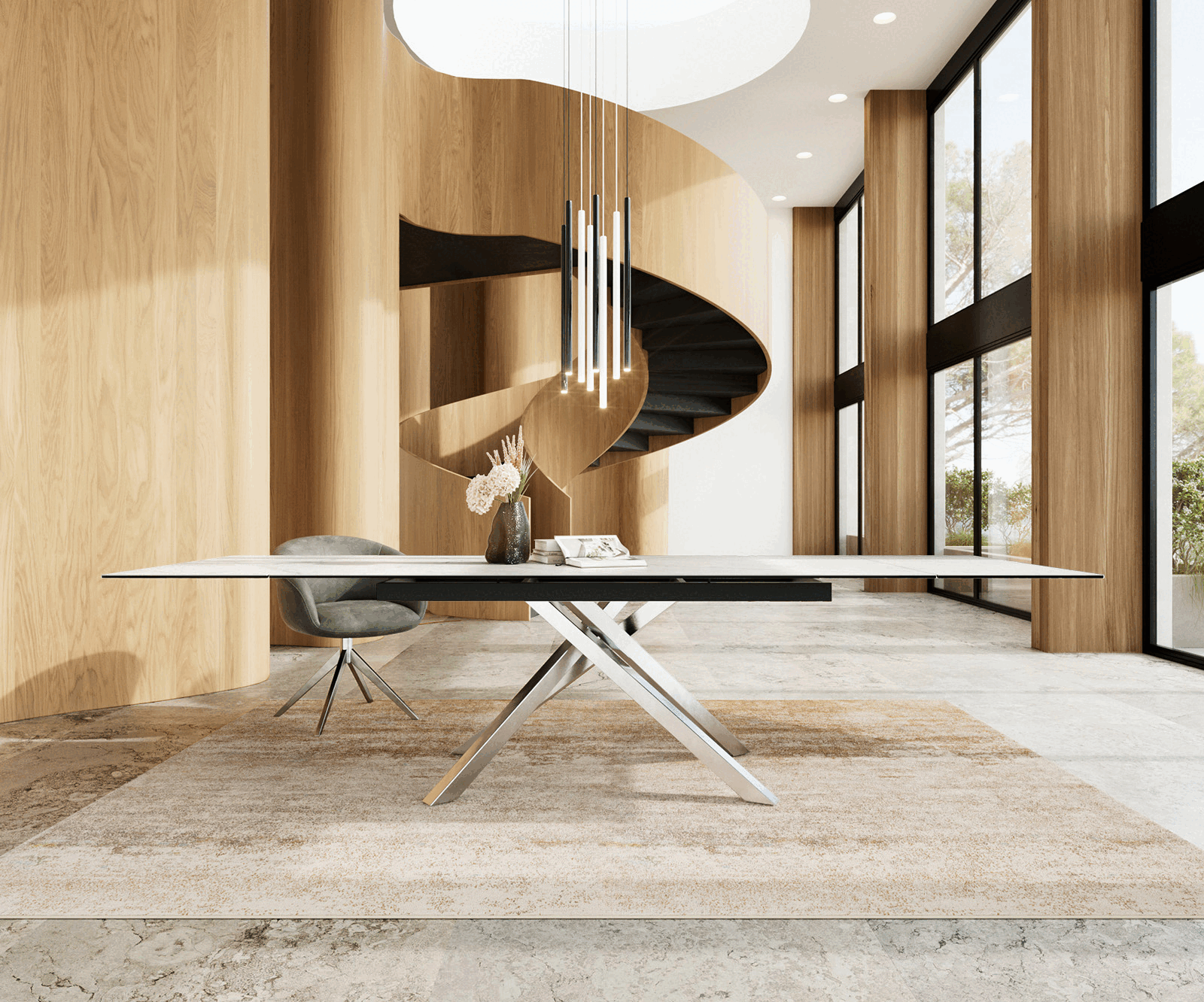 Разтегателна трапезна маса Edge 200-300х100 см Керамика  Laminam®Statuarietto Бял Кръсртовидна основа Сребристосив