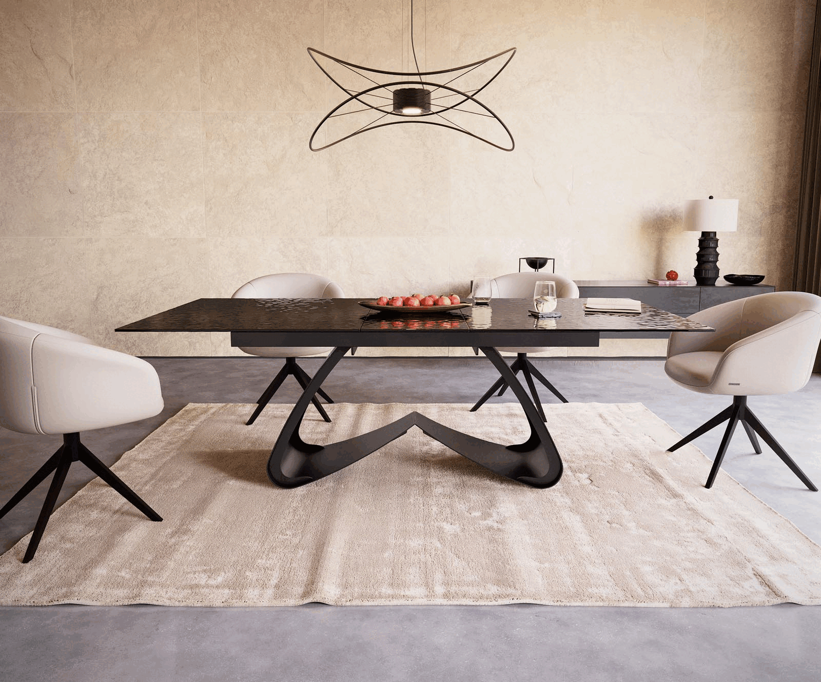 Маса 180-220x100 РелефноСтъкло ОпушеноЧерен 3D-Design W-Рамка Черен разтегателна Edge 1