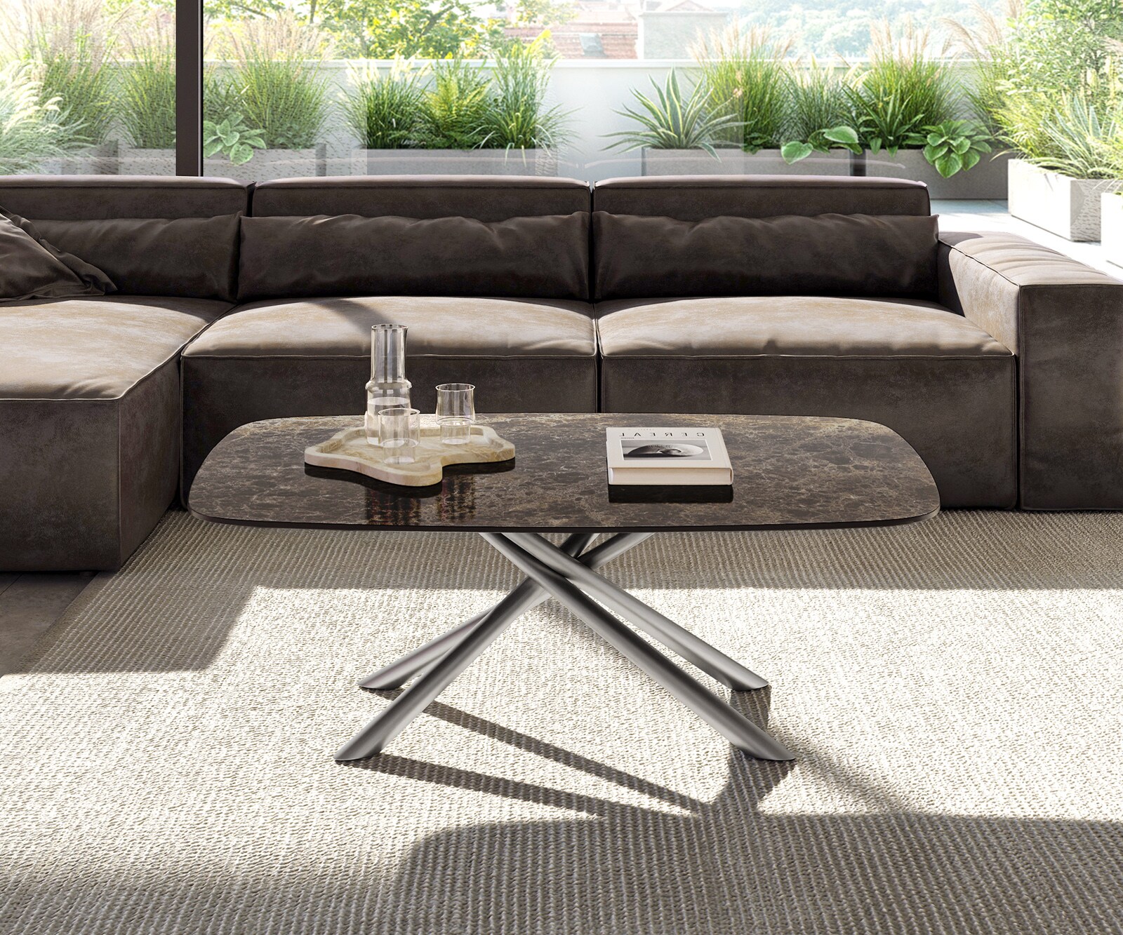 Масичка за кафе Edge Boot 120x70 cm Керамичен ламинат® Emperador Extra Lucidato Тъмно кафяво Sarity Матирана неръждаема стомана 1