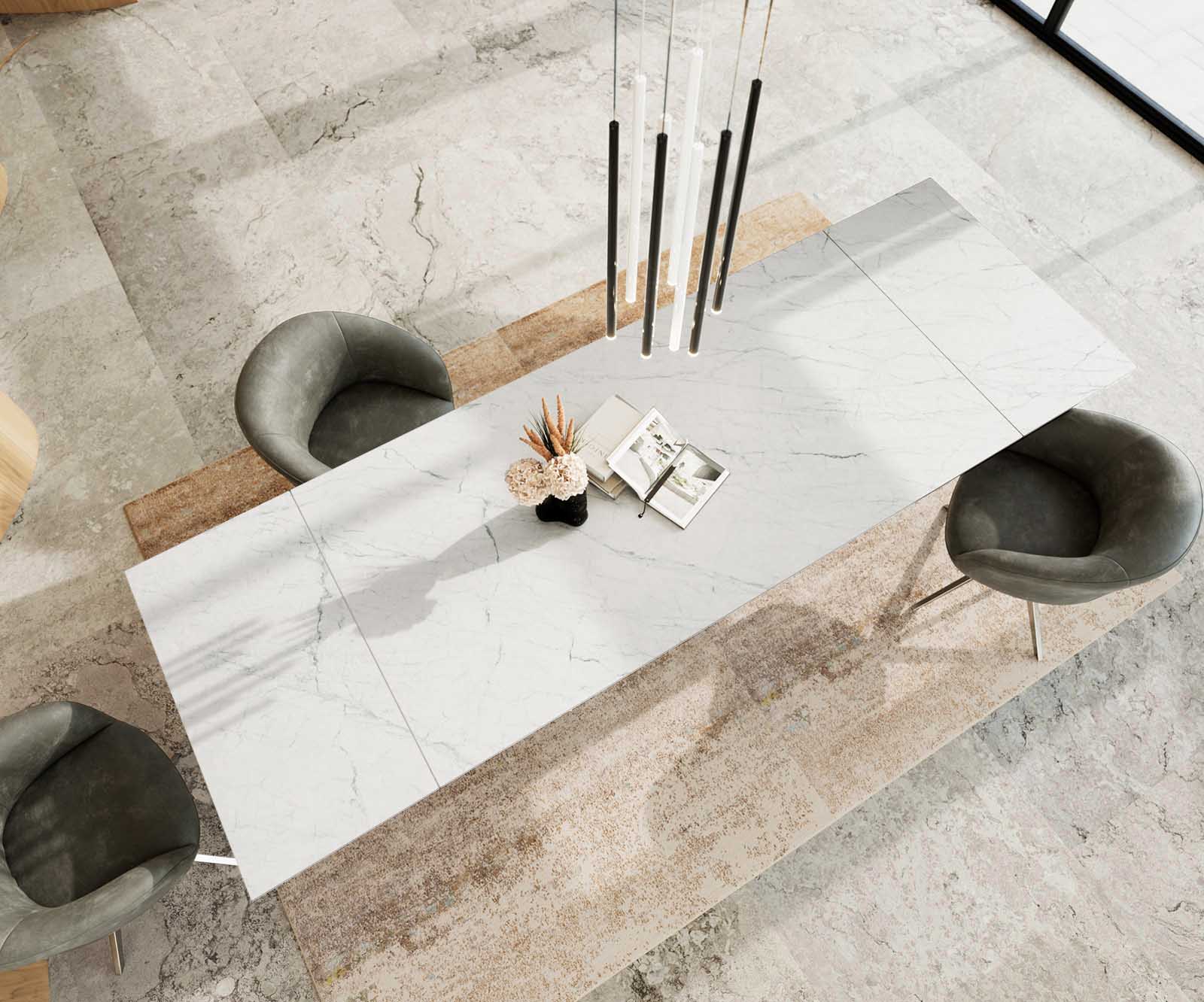 Разтегателна трапезна маса Edge 200-300х100 см Керамика Laminam®Statuarietto Бял Основа стомана тип Spider Сребристосив цвят 3