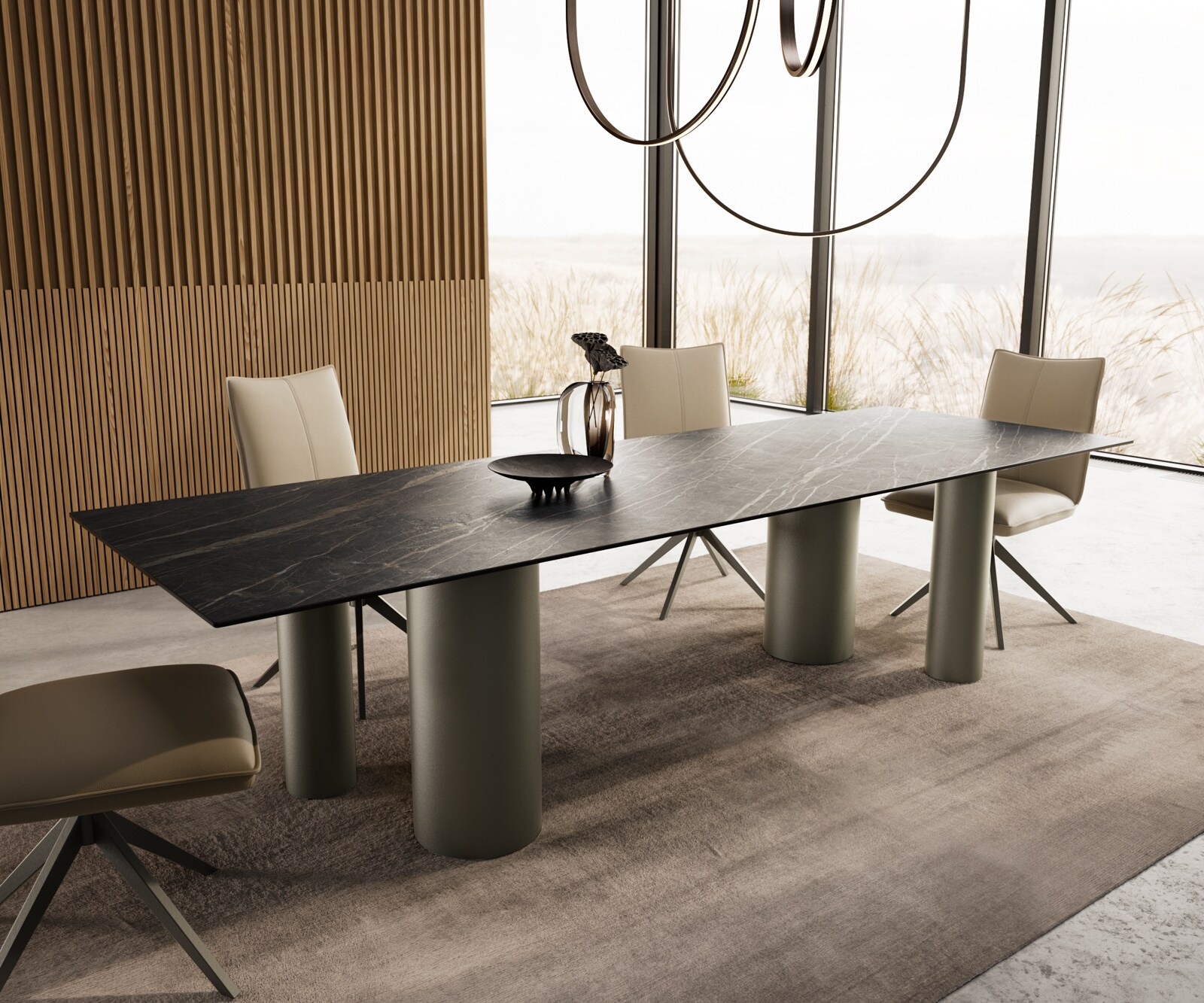Трапезна маса Edge 300x100, керамика Laminam „®“, Noir Desir, кафяво Pilier, метал с ефектно покритие „Титан“