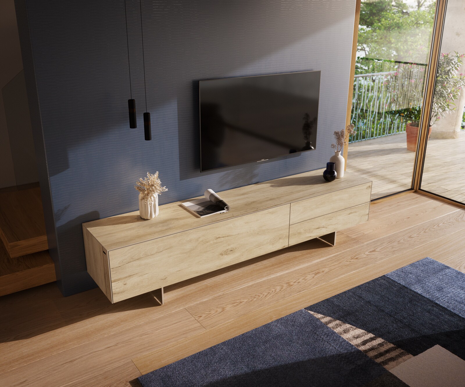 Ниска дъска Cuor 220 см Керамичен ламинат® Sabbia Дъбов цвят 1 клапа 2 чекмеджета Основа Плаващ вид неръждаема стомана 4