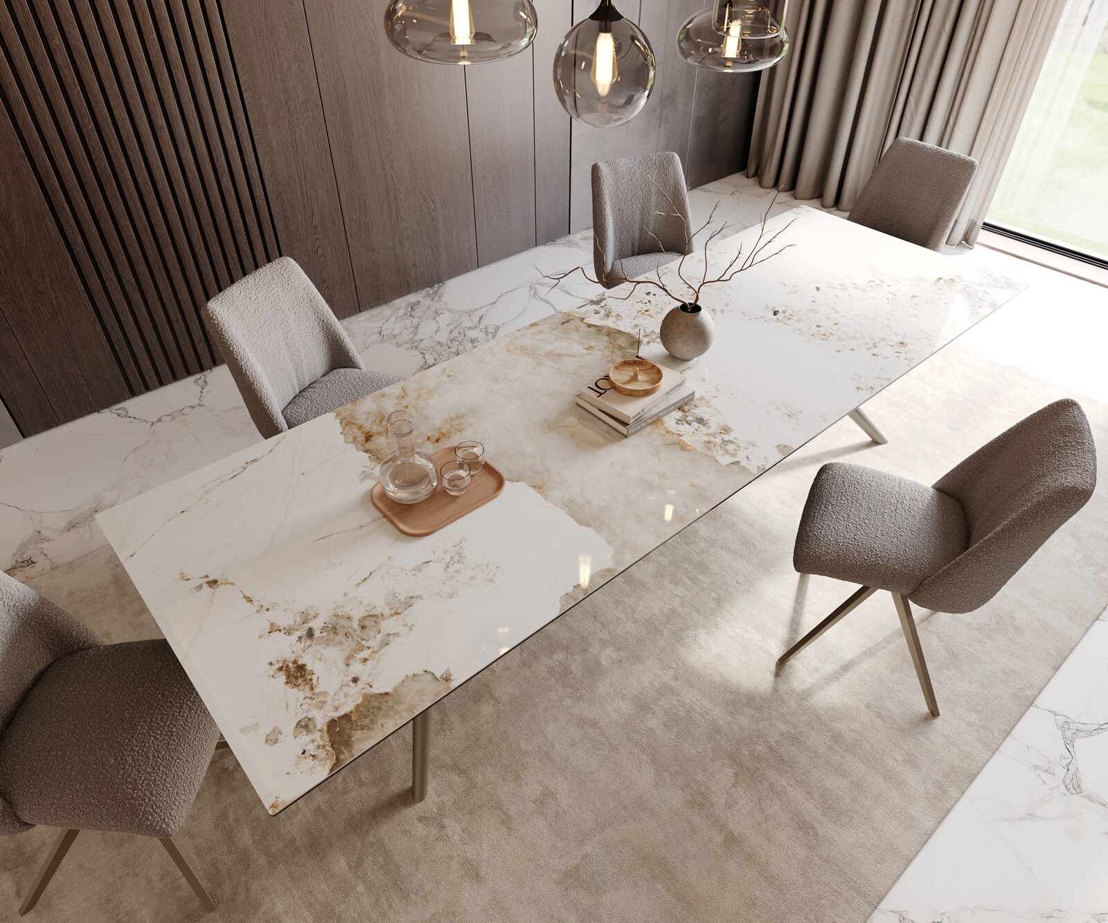 Трапезна маса Edge 300x100 керамика Minas Melange бяло-бежово Estelar кръгъл метален ефект покритие титан 3