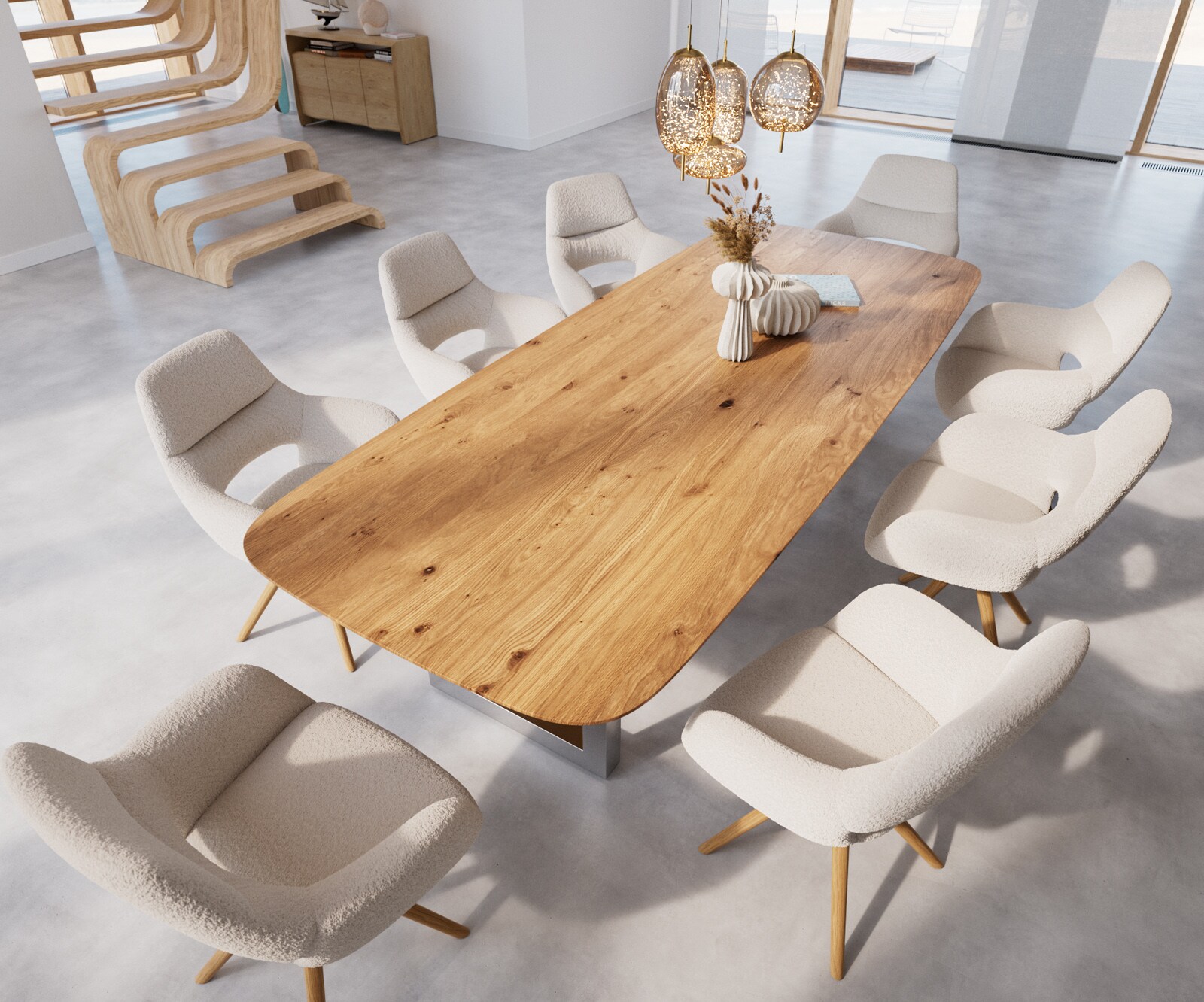 Маса Boot 300x100 Дъб Натурал Неръждаема стомана Широк профил Швейцарски ръб Edge 3