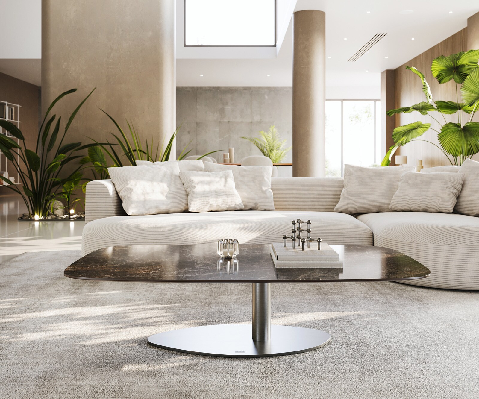 Масичка за кафе Edge Boot 140x80 cm Керамичен ламинат® Emperador Extra Lucidato Тъмно кафяво Vibany Матирана неръждаема стомана 2