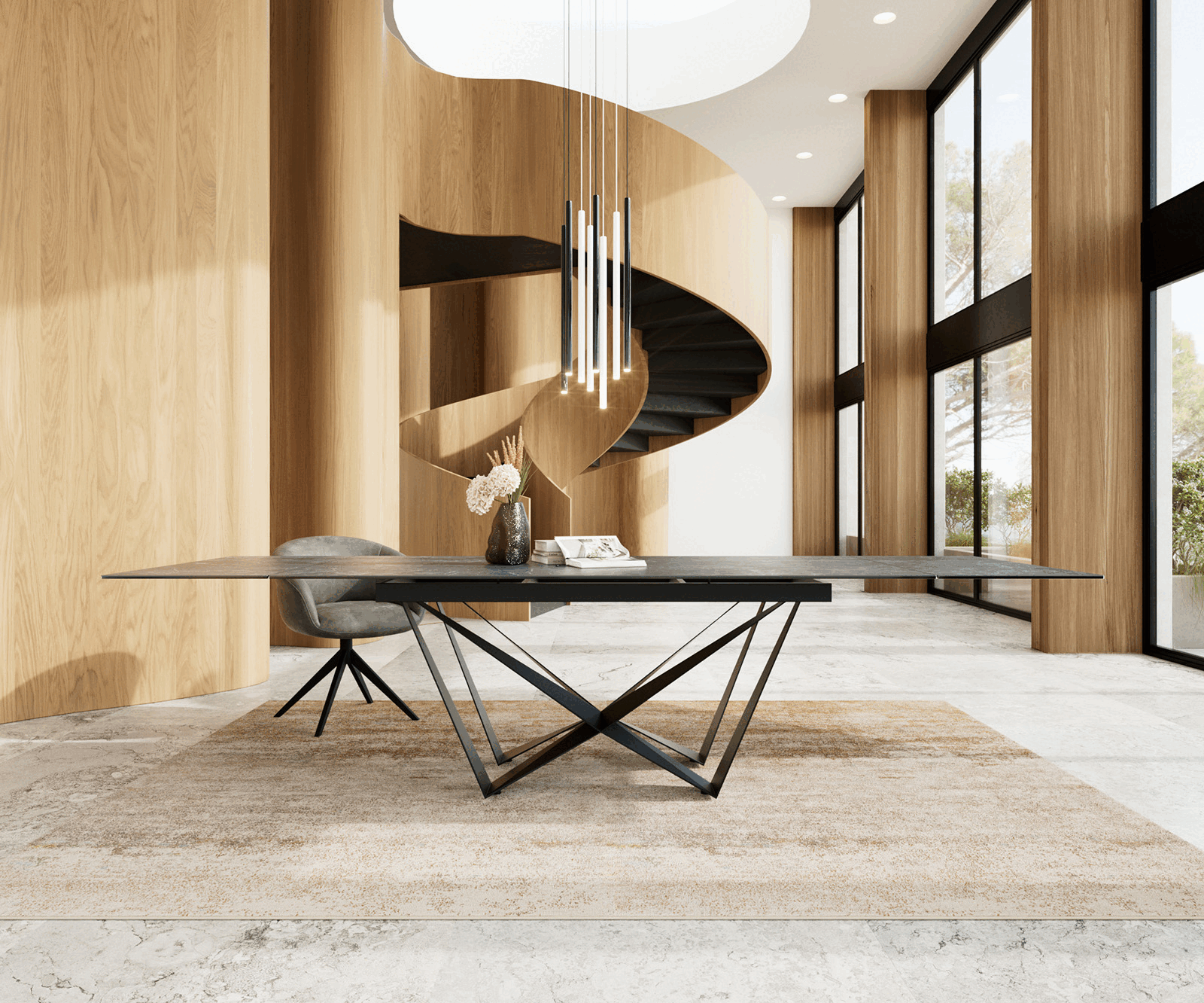 Разтегателна трапезна маса Edge 200-300х100 см Керамика Laminam® Nero Greco Антрацит Основа стомана тип Spider Черна 1