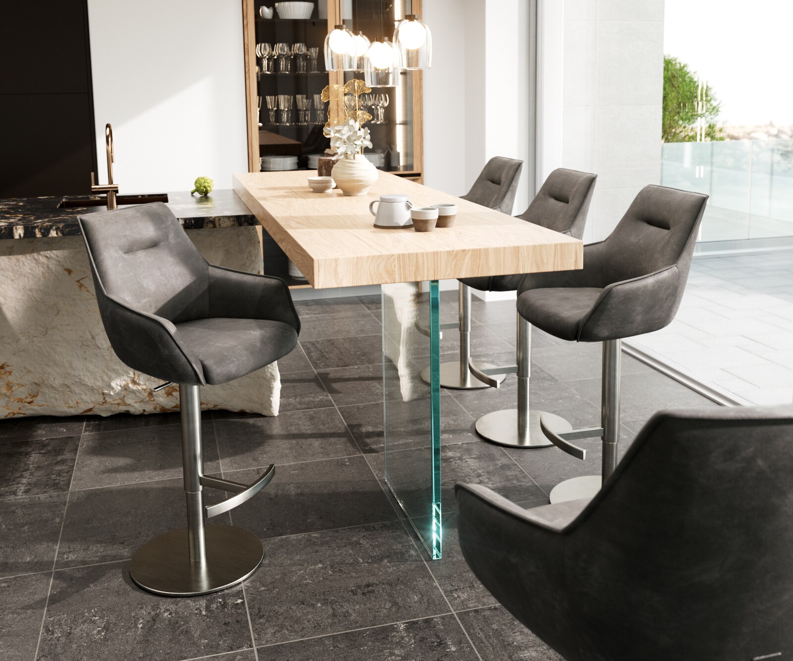 Бар стол Микрофибър Антрацит Винтидж Въртяща се основа с регулируема височина Неръждаема стомана  Покет пружина Alja-Flex 1