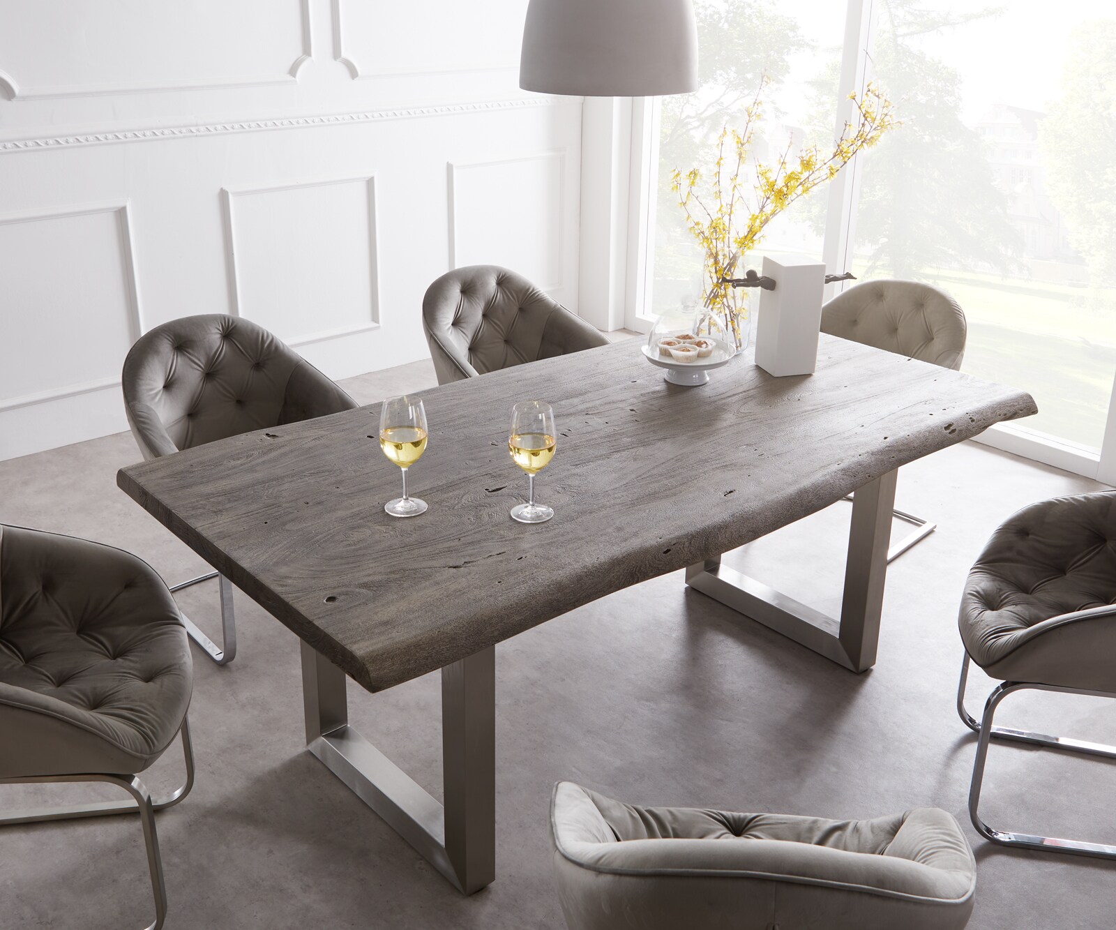 Маса 220x100cm XL Акация Платинен цвят Неръждаема стомана Широк профил Edge 4