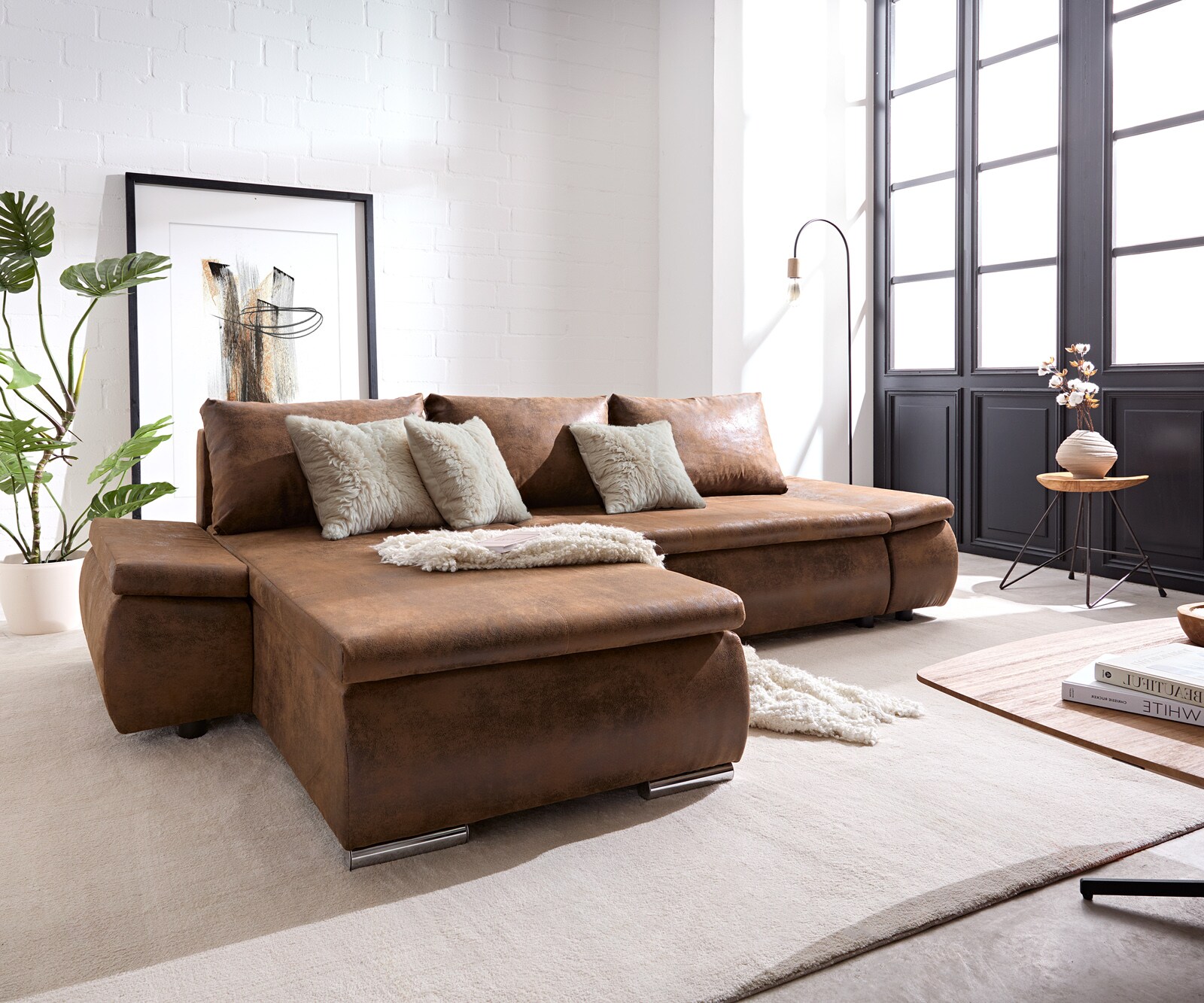 Ъглов диван Abilene 260x175 cm Кафяв Османски вариатор с функция за сън
