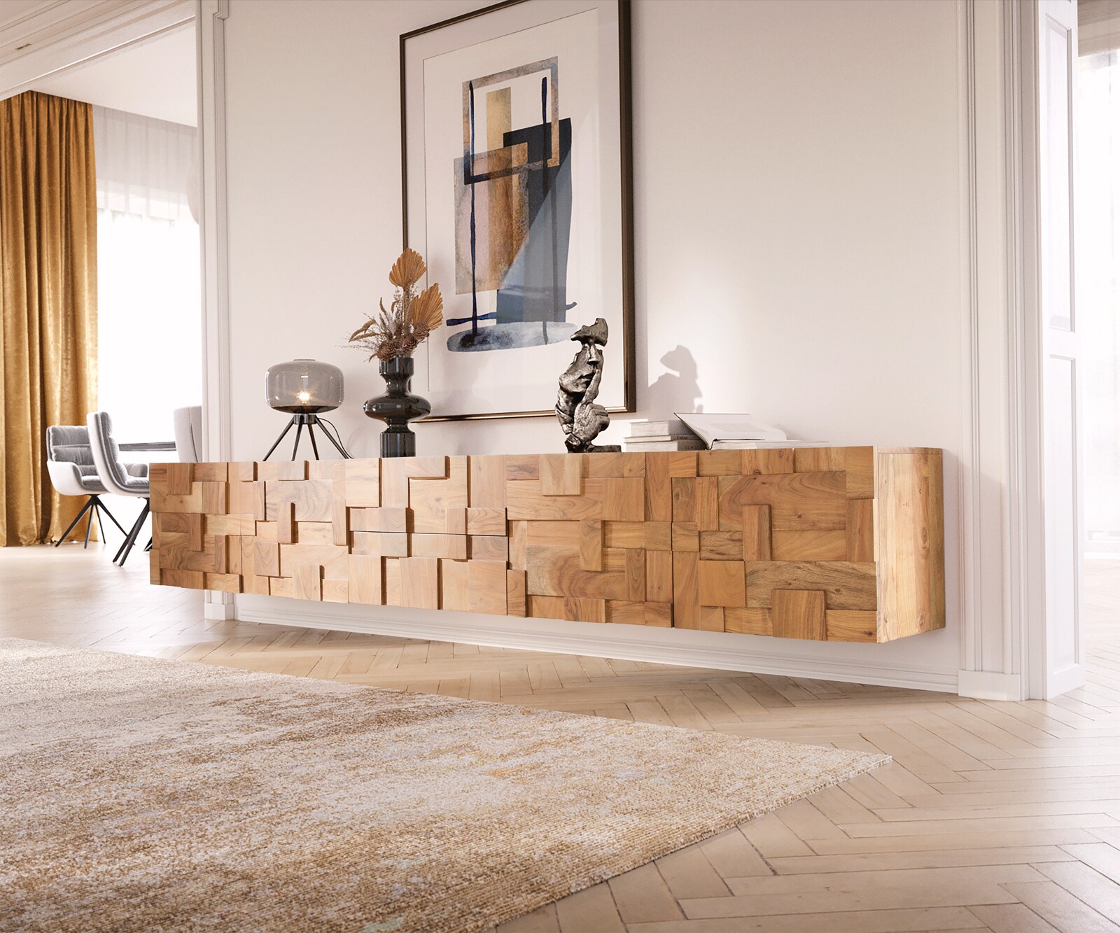 ТВ шкаф 260 cm 4 Врати 2 ЧекемеджеОтделения Акация Натурал висящ Puzzle ТВ шкаф 260 cm 4 Врати 2 ЧекемеджеОтделения Акация Натурал висящ Puzzle