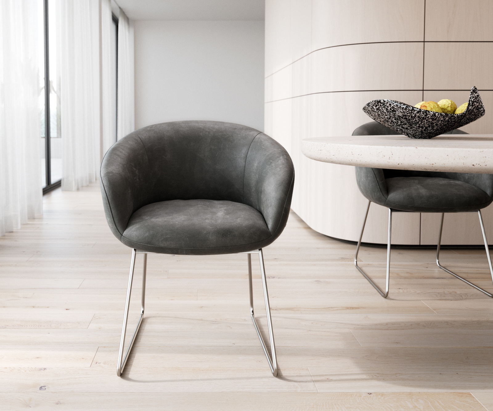 Трапезен стол с подлакътници Антрацит Винтидж Извити крака Неръждаема стомана Покет пружина Vinka-Flex 1 Трапезен стол с подлакътници Антрацит Винтидж Извити крака Неръждаема стомана Покет пружина Vinka-Flex 1