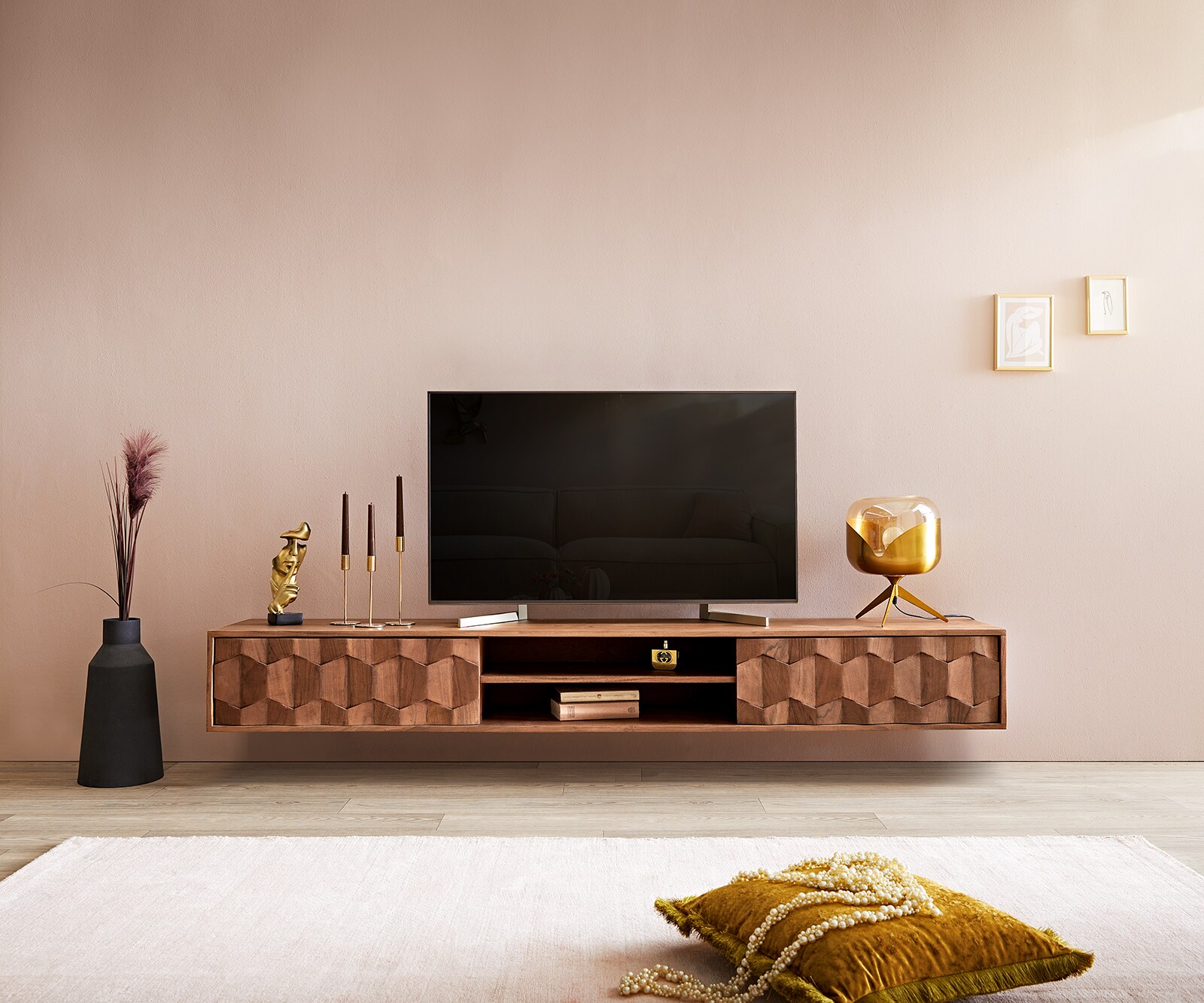 ТВ шкаф за стена Fevo 200 cm Масив Акация, 2 Врати, Кафяв 1