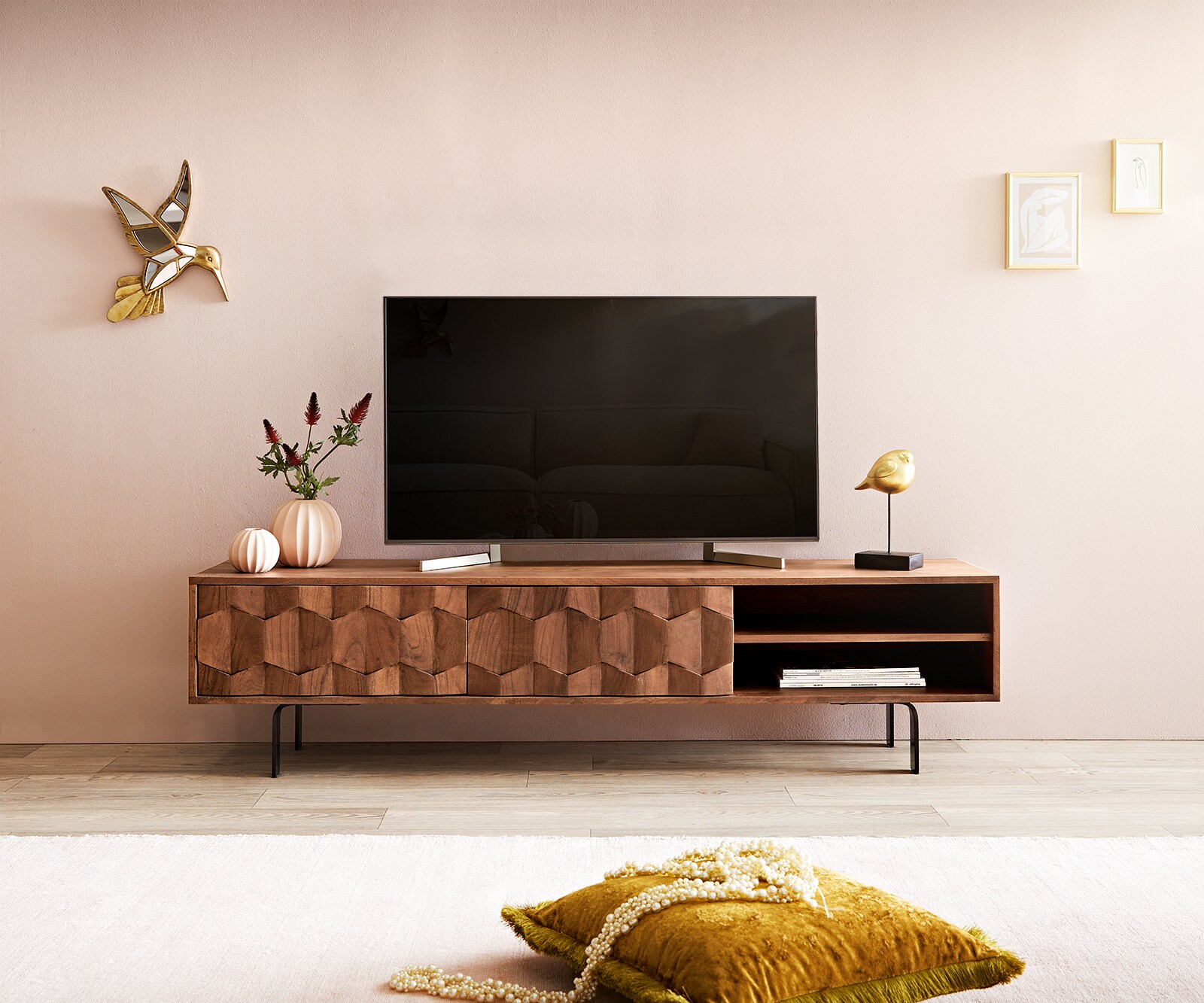 ТВ шкаф Fevo 160 cm Масив Акация, 2 Врати, Г-Крак, Кафяв 1